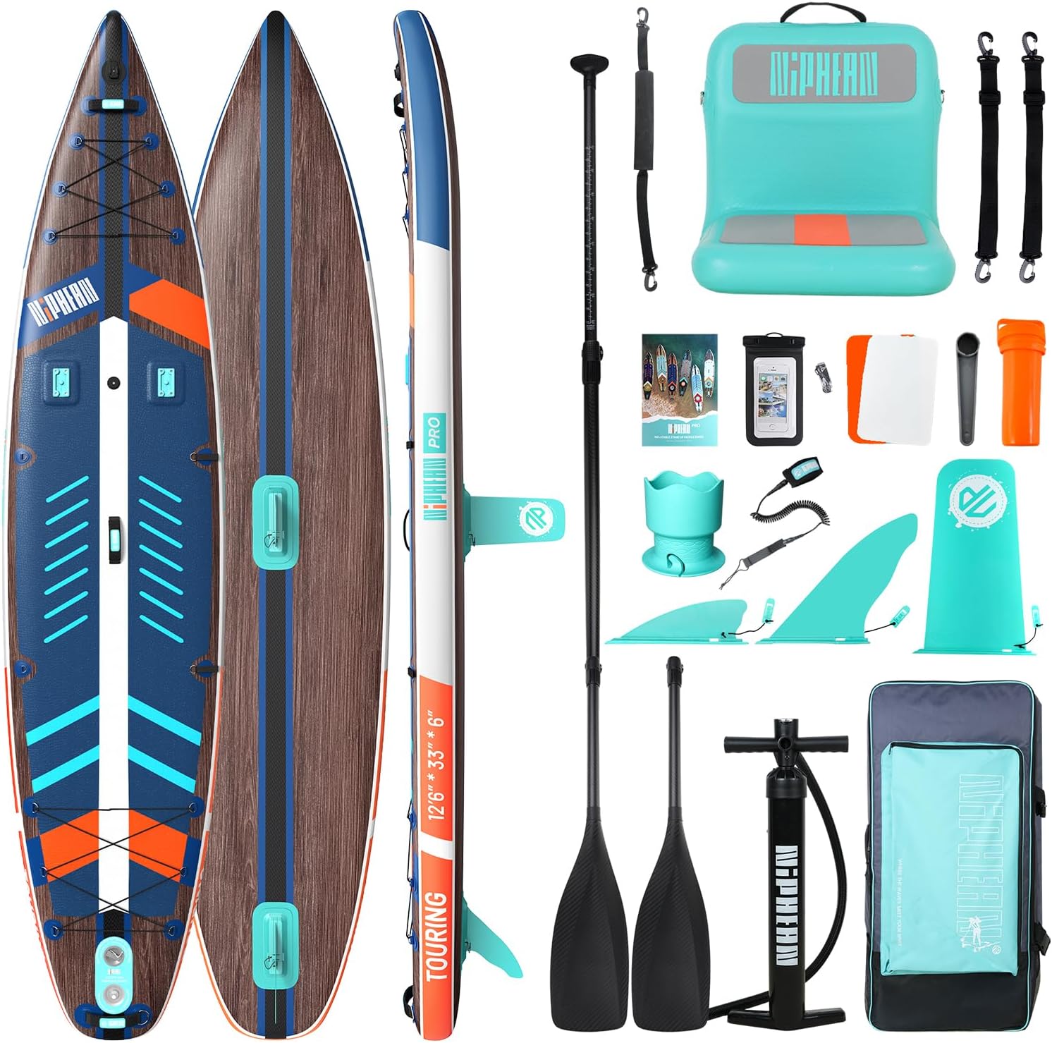 Niphean PRO (Extra Large) Inflatable Paddle Board with Seat, 11'6'/12'6' Stand Up Paddle Board with Pressure Gauge, StabilTrac Fin, Upgraded All-Round/Touring SUP for Adult Adventures, 2+1 Person