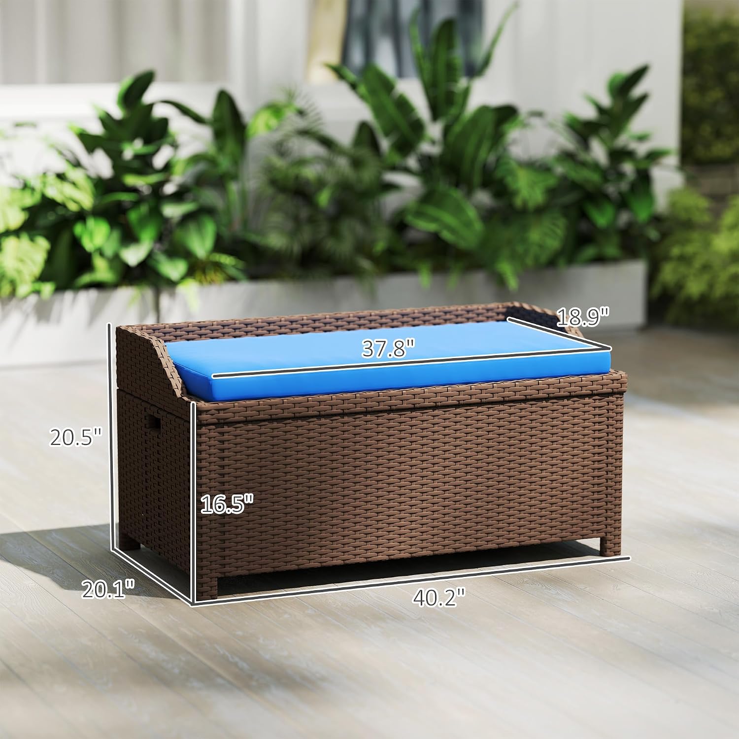 Outsunny Outdoor Wicker Storage Bench Deck Box, PE Rattan Patio Furniture Pool Storage Bin Container with Interior Waterproof Cloth Bag and Comfortable Cushion, Navy Blue