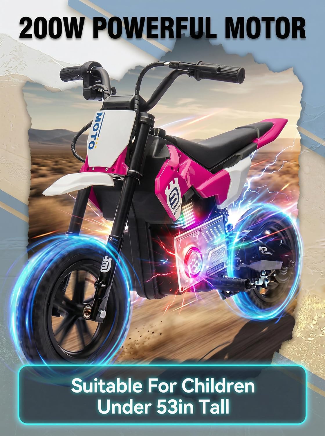 Electric Motorcycle for Kids Ages 5-10, 24V 200W Higher Speed Electric Dirt Bike, Kids Ride On Motorcycle with Rear Wheel Shock Absorber, LED Breath Light, Bluetooth, Music, Horn, Pink