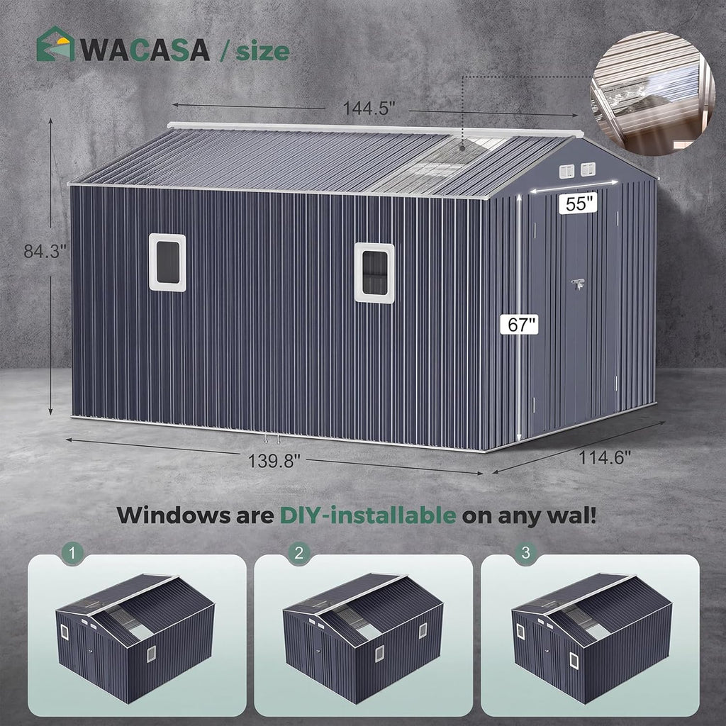 WACASA 10x12 FT Metal Shed with Base Frame Floor Kit | Heavy-Duty Military-Grade 20-Gauge Reinforced Frame with Powder Coating | 50 PSF Snow Load & 120 MPH Wind Rated | Skylight Tiny House Building