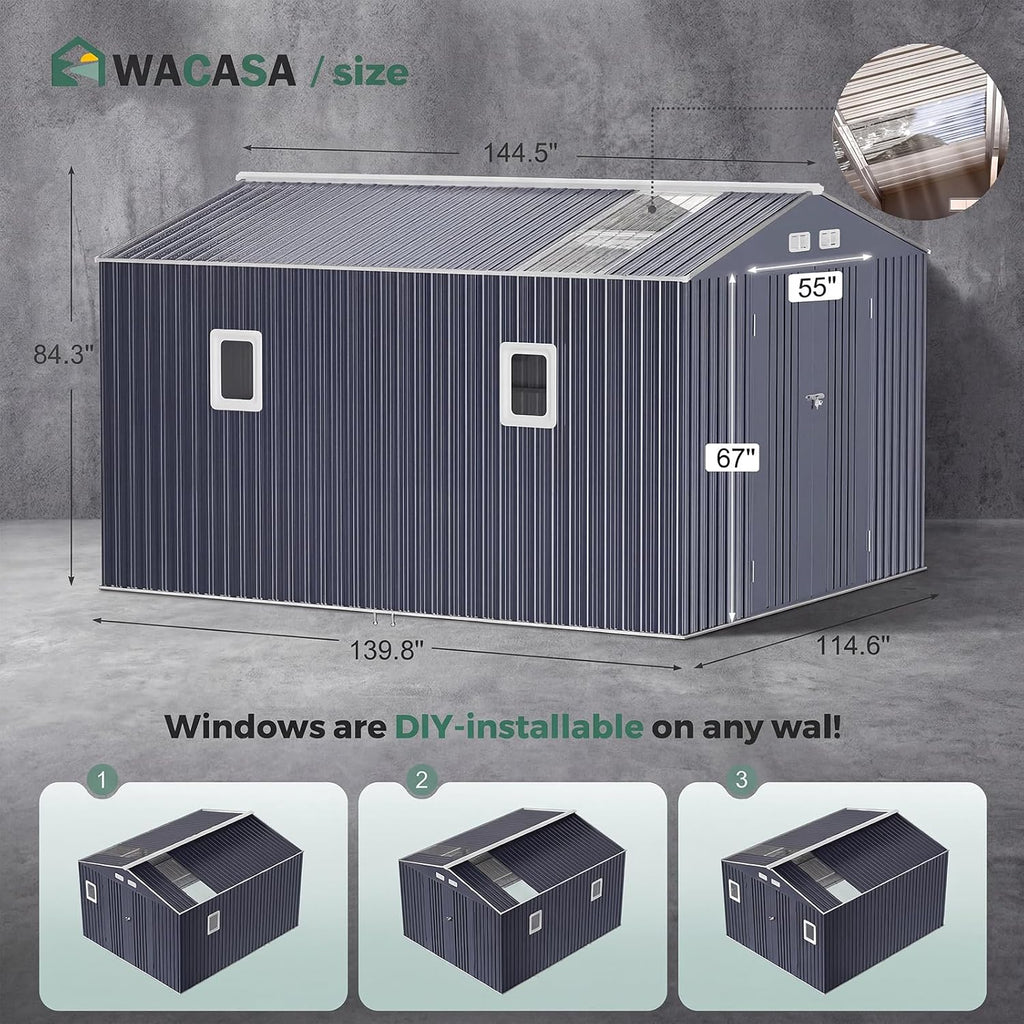 WACASA 10x12 FT Metal Shed Heavy-Duty | Military-Grade 20-Gauge Reinforced Frame with Powder Coating | 50 PSF Snow Load & 120 MPH Wind Rated | Garden Tool/Bike Skylight Building