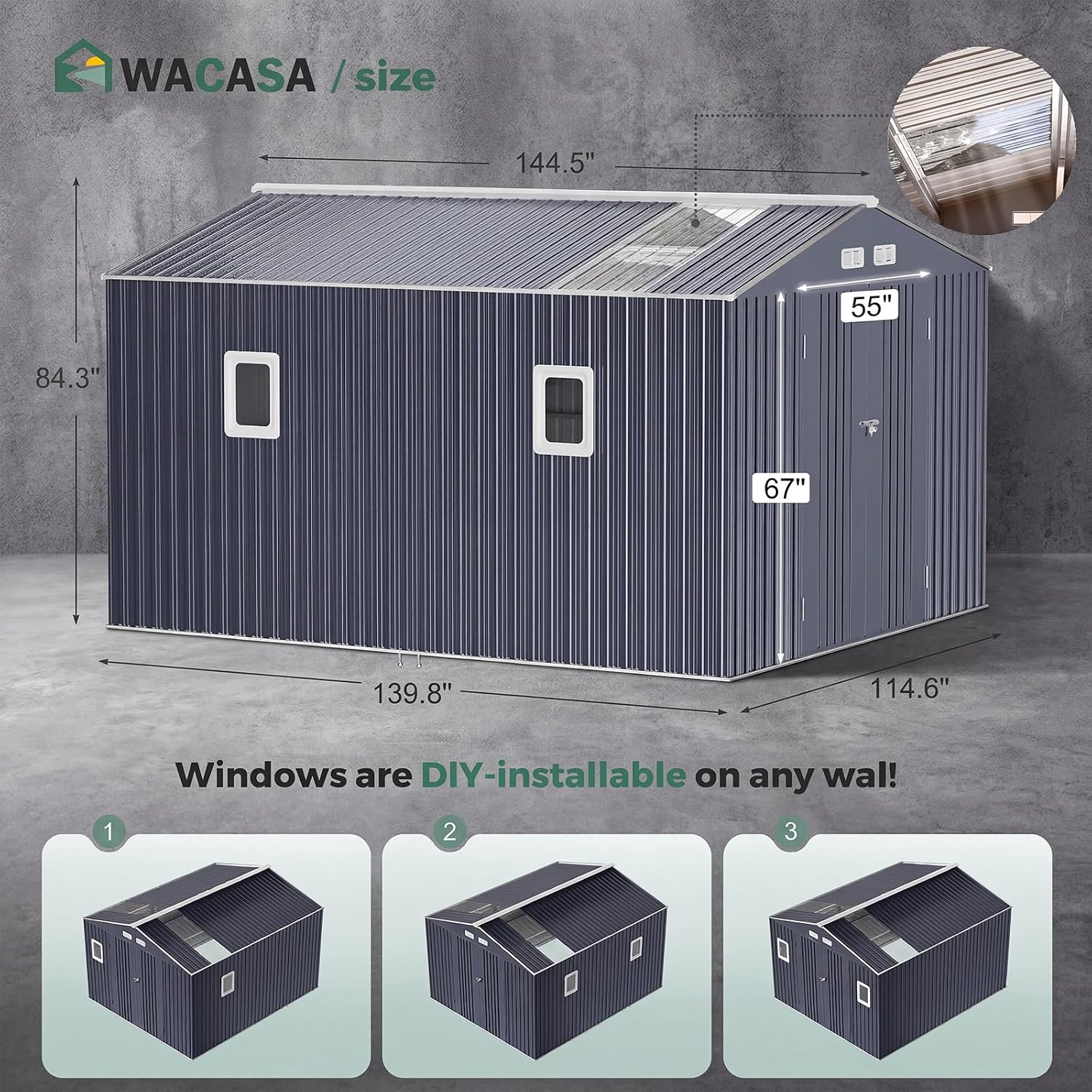 WACASA 10x12 FT Metal Shed Heavy-Duty | Military-Grade 20-Gauge Reinforced Frame with Powder Coating | 50 PSF Snow Load & 120 MPH Wind Rated | Garden Tool/Bike Skylight Building