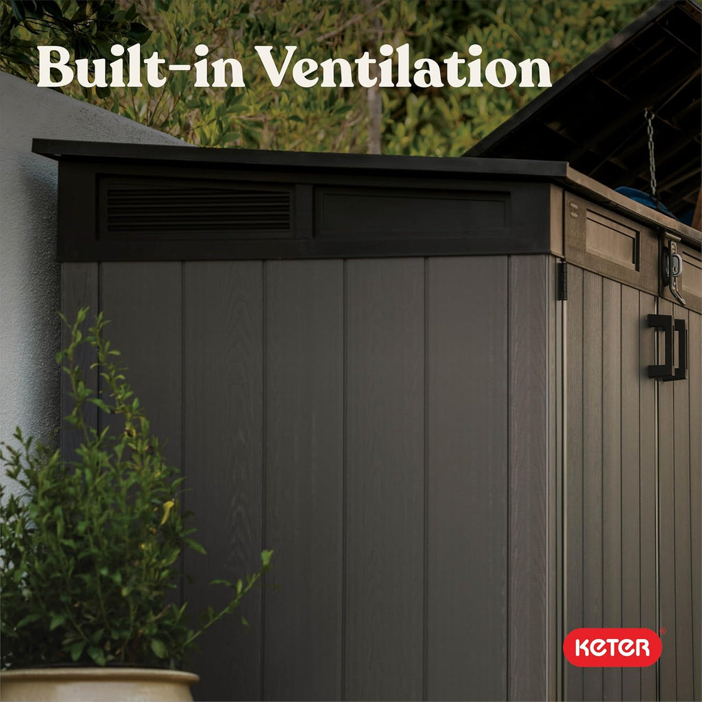 Keter Cortina Mega All‑Weather Outdoor Resin Horizontal Storage Shed with Lockable Doors, Garbage Bin & Yard Equipment Storage, Durable Patio Storage Cabinet, Graphite