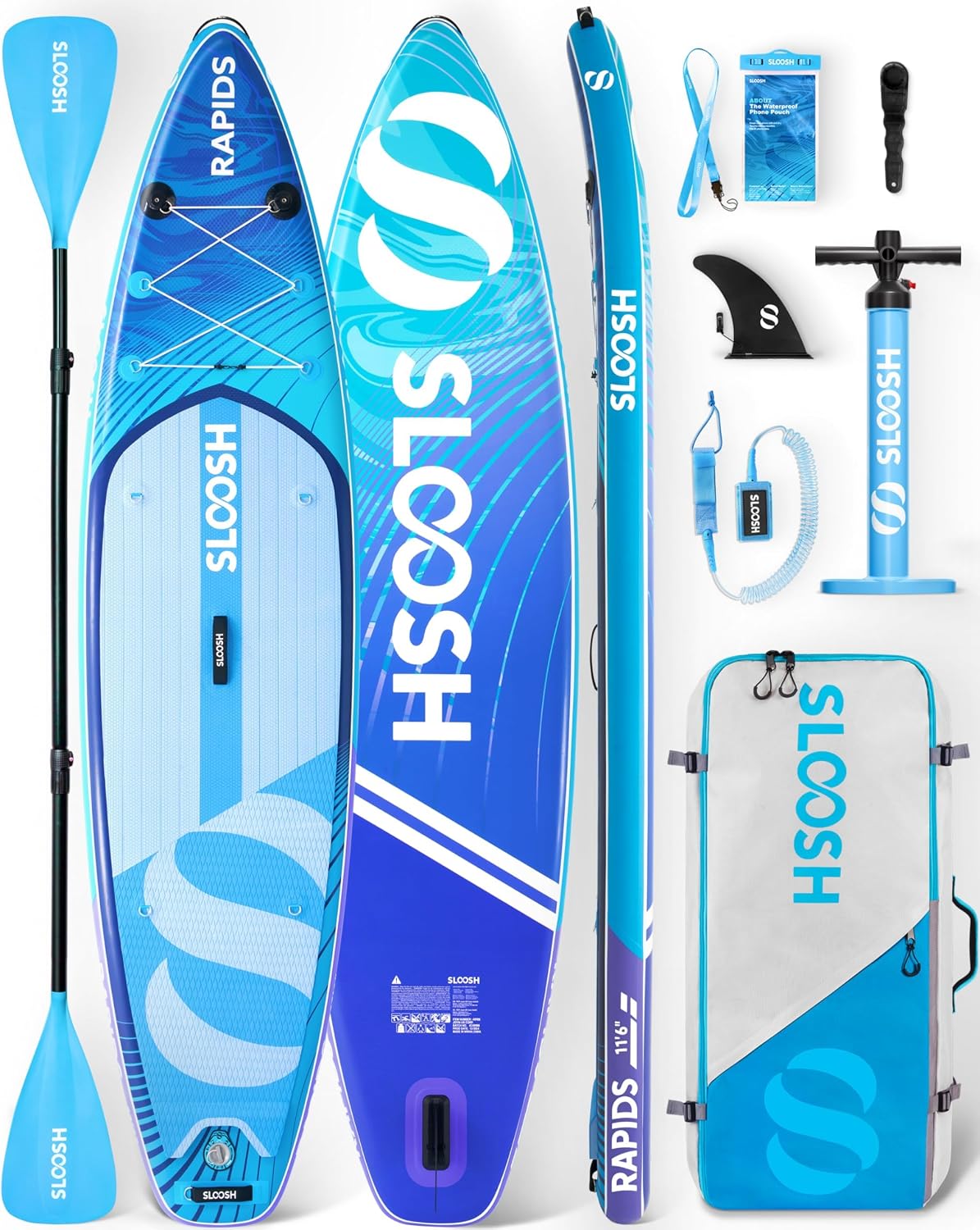 SLOOSH Inflatable Stand Up Paddle Board, 11'6' Inflatable Paddle Boards with Premium Accessories, Non-Slip EVA Deck, Ultra-Light Carry Bag Pump, Rapids SUP for Youth & Adults