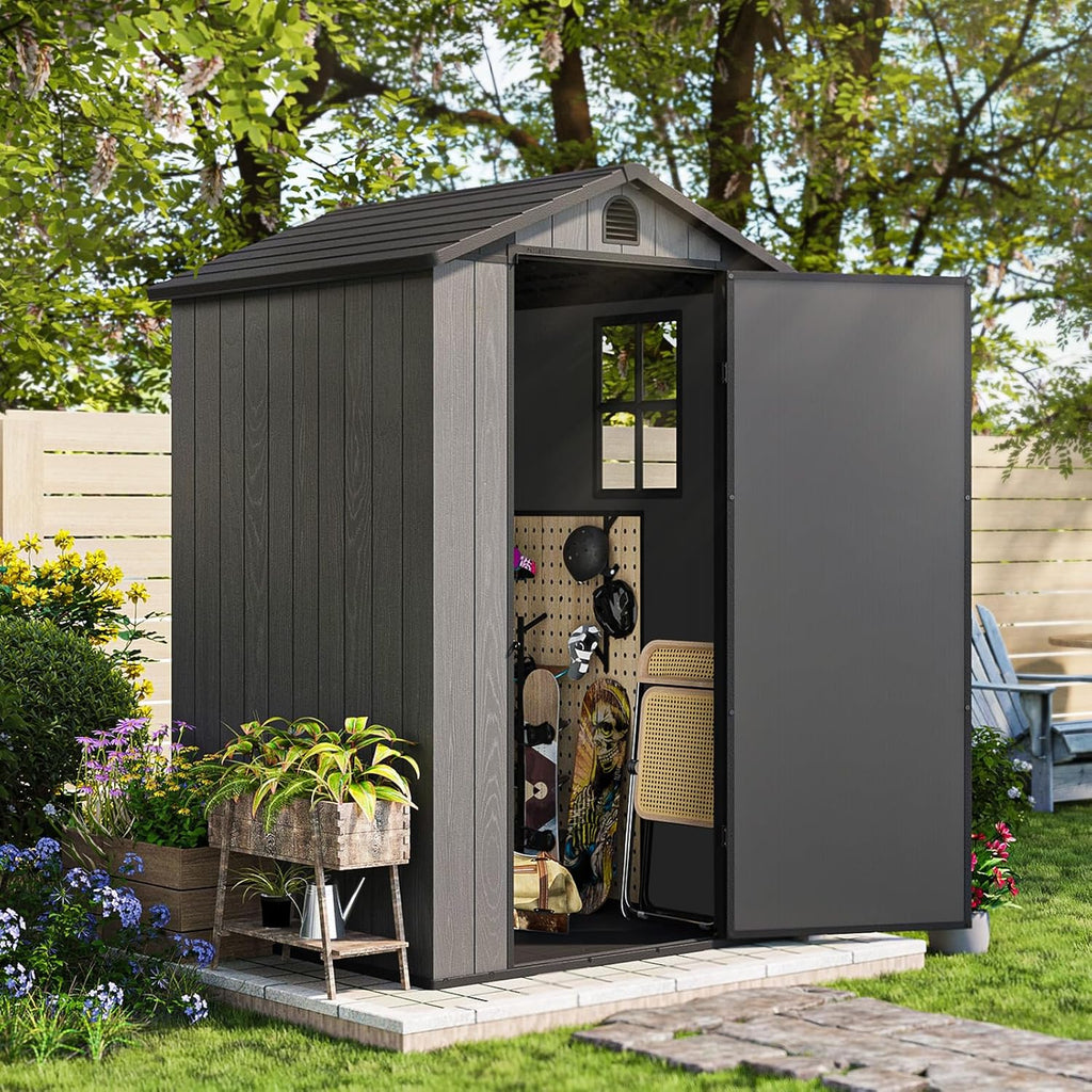 Patiolife 4 x 4 FT Plastic Shed for Outdoor, Storage Resin Shed with Design of Lockable Door and Window, Tool Storage for Garden Patio Lawn,Dark Grey