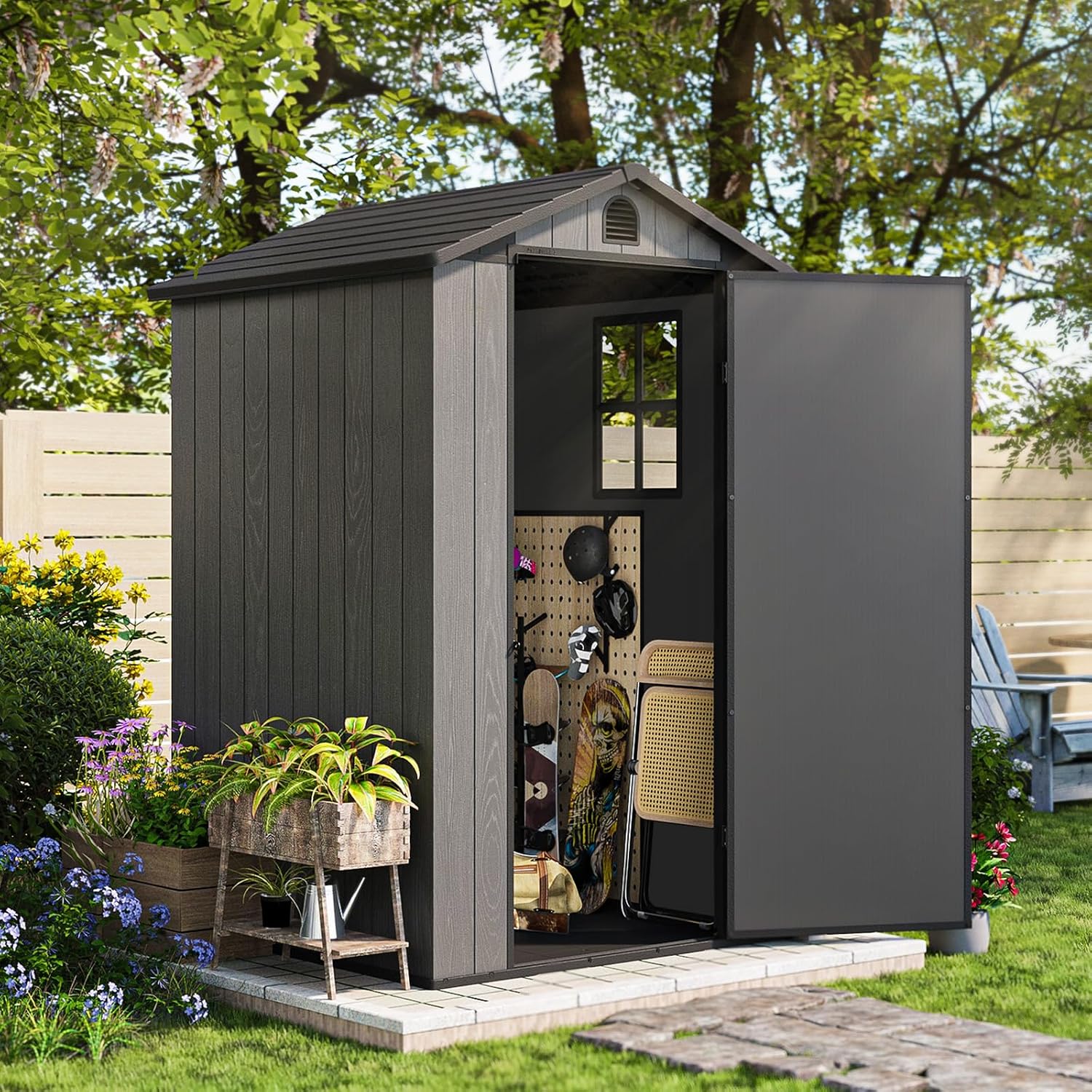 Patiolife 4 x 4 FT Plastic Shed for Outdoor, Storage Resin Shed with Design of Lockable Door and Window, Tool Storage for Garden Patio Lawn,Dark Grey