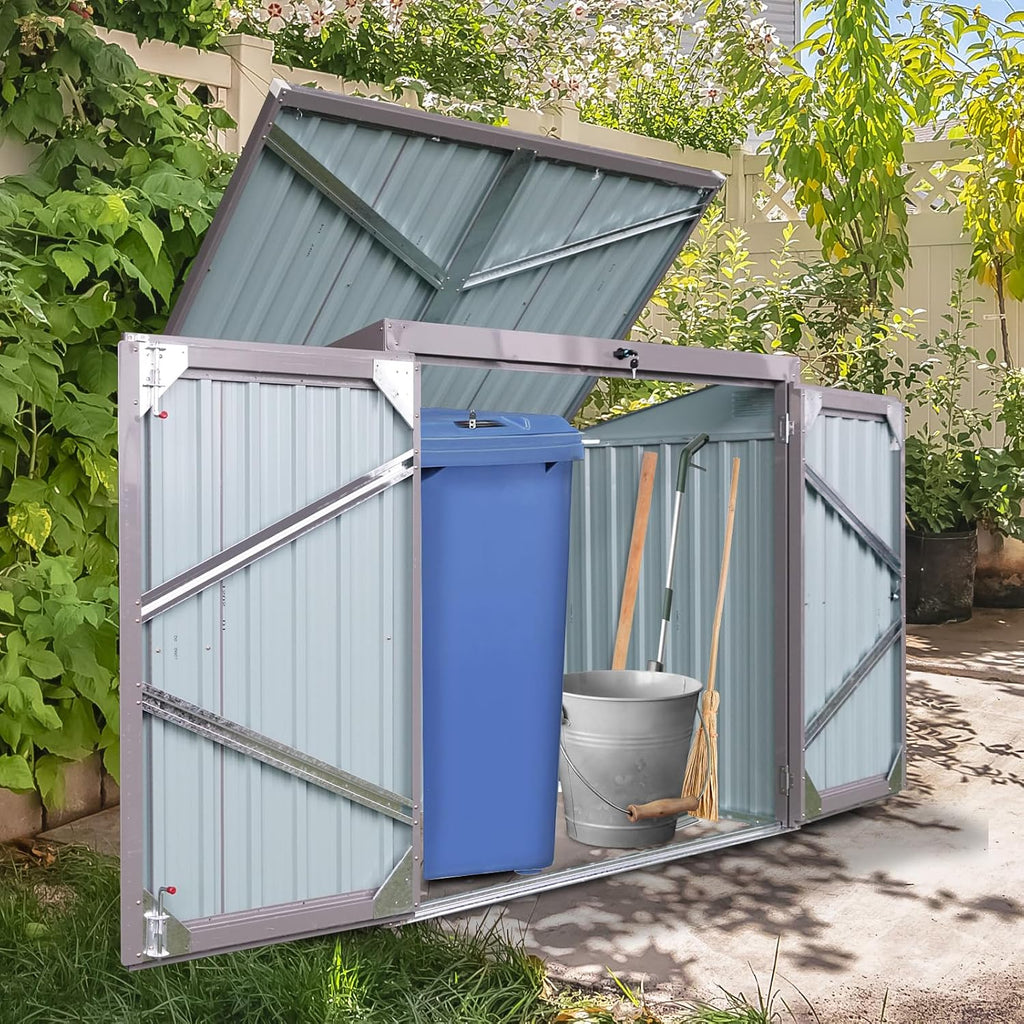 JT Double Garbage Bin Shed, 62' x 40' x 53' Outdoor Storage Shed with Lockable Door, Waterproof Galvanized Garbage, Metal Trash Can Storage for Garden Patio, Backyard, Lawn, Grey