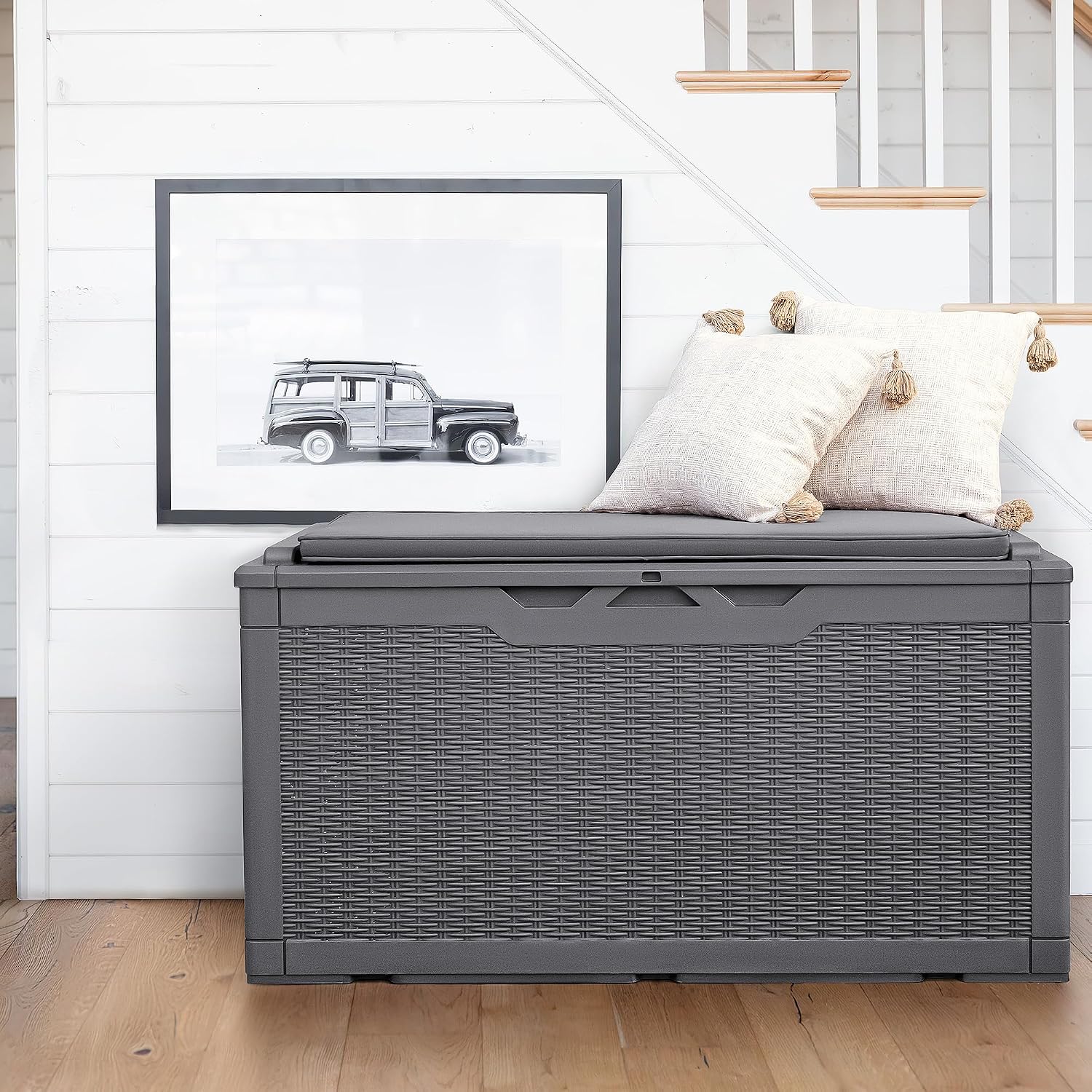 Flamaker Deck Box with Cushion 98 Gallon Waterproof Resin Storage Box with Air Rod Indoor Outdoor Lockable Storage Bench for Patio Furniture, Tools, Pool Accessories (Gray)