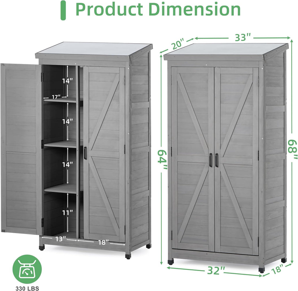 68''x33''x20'' Outdoor Wooden Storage Shed with Metal Top Tall Vertical Tool Cabinet for Backyard Garden Patio Lawn (Grey)