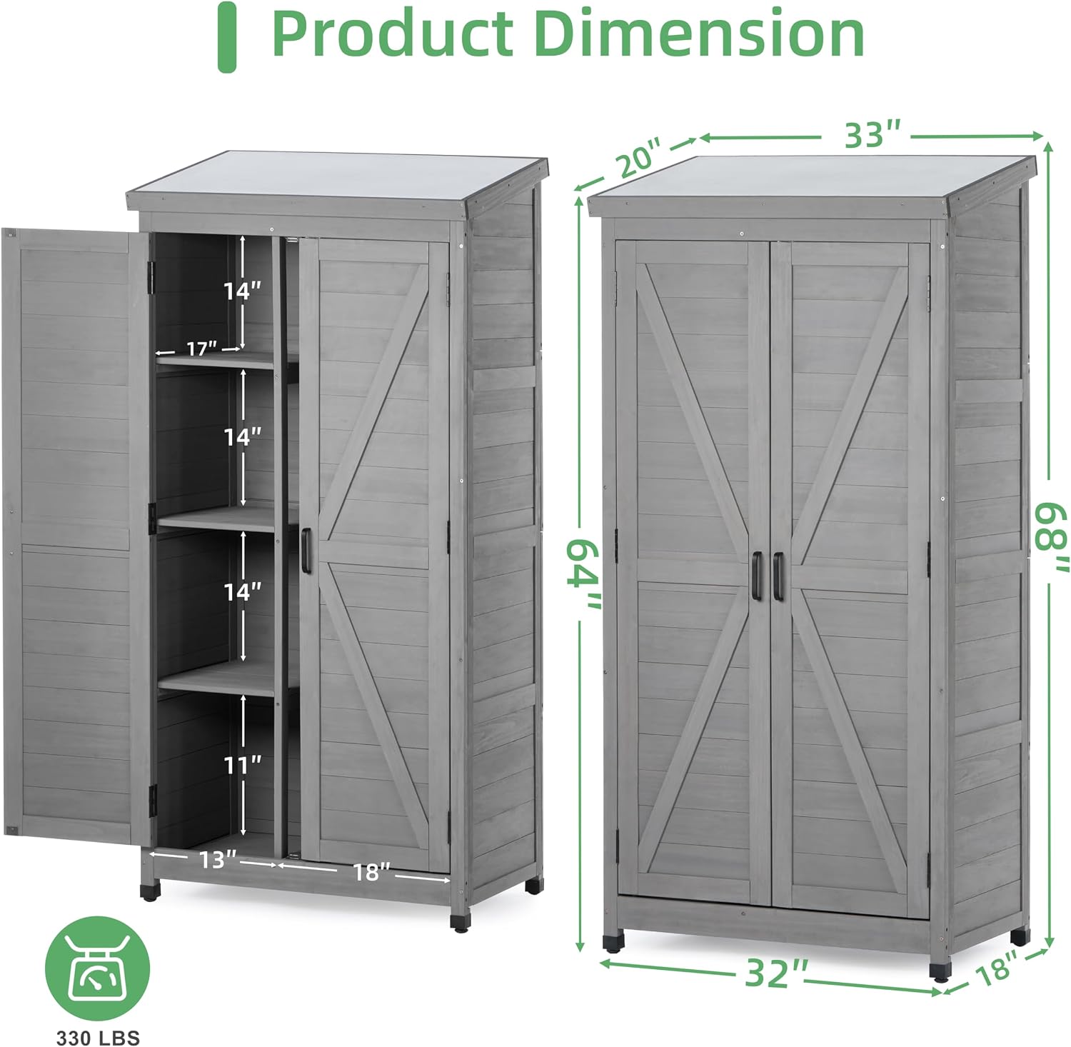 68''x33''x20'' Outdoor Wooden Storage Shed with Metal Top Tall Vertical Tool Cabinet for Backyard Garden Patio Lawn (Grey)