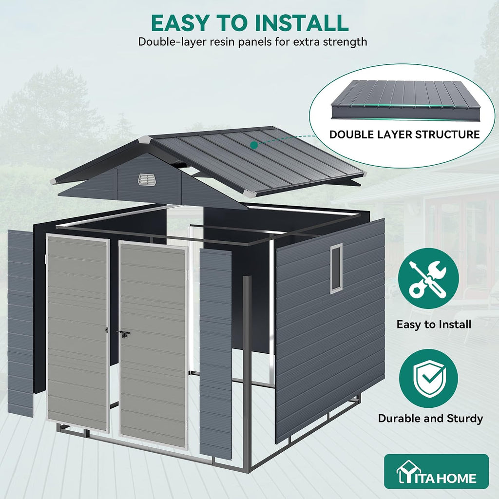 YITAHOME 8x9FT Resin Storage Unit sans Flooring, All-Weather Plastic Shed with Window, Vents and Secured Doors, Outdoor Plastic Tool Cabin for Poolside, Lawn, Backyard, Patio, Dark Gray