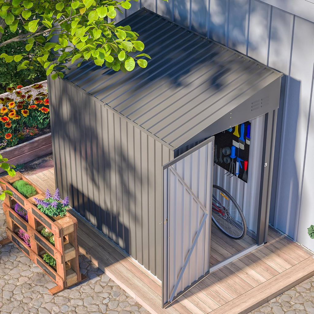YOPTO 4x7 FT Outdoor Storage Shed,Lean to Lockable Metal Garden Shed Steel with Reinforced Beams,All Weather Waterproof Storage House W/Lockable Door,for Backyard,Patio,Lawn,Garden,Dark Gray