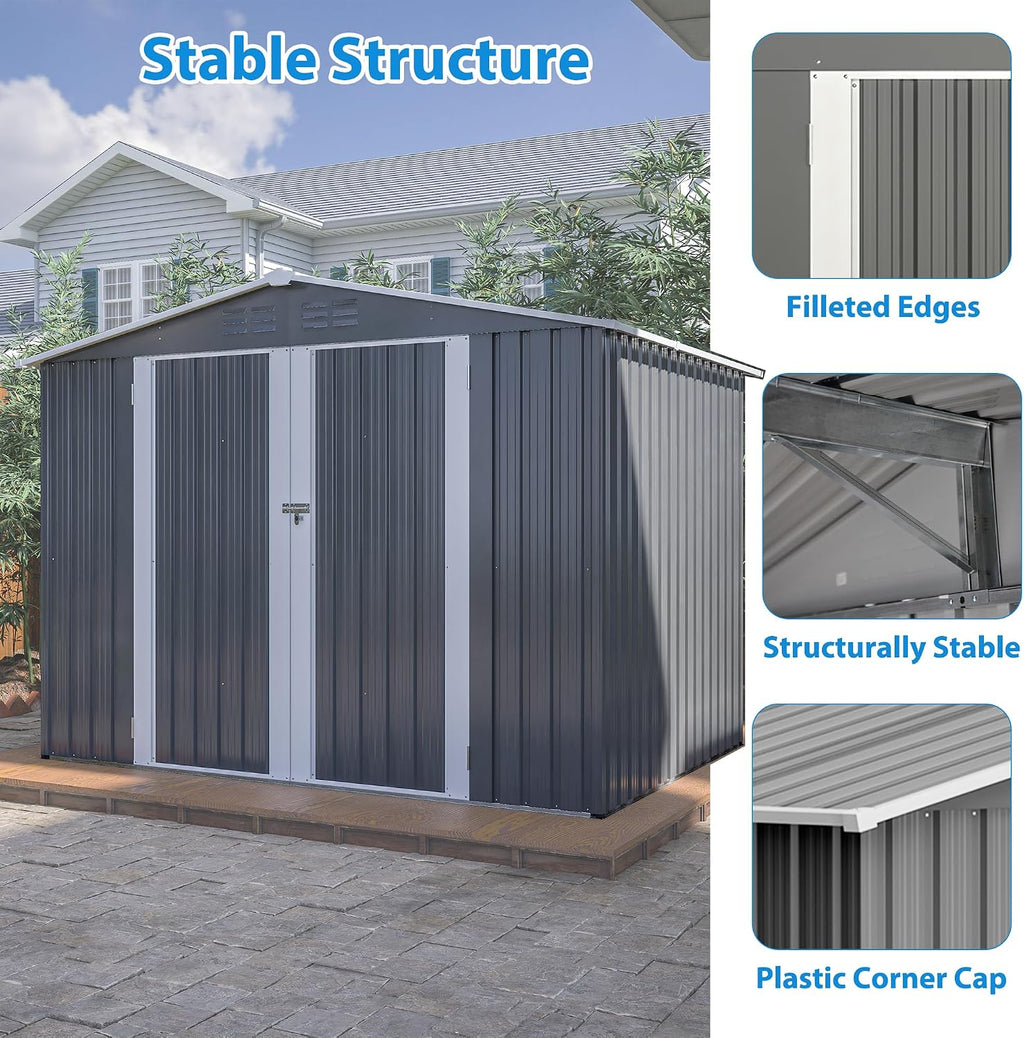 6x8 FT Outdoor Storage Shed, Metal Garden Shed with Frame Floor, Outside Tool Shed with Lockable Hinged Doors, Waterproof Storage Building with Sloped Roof for Backyard, Patio, Lawn, Gray