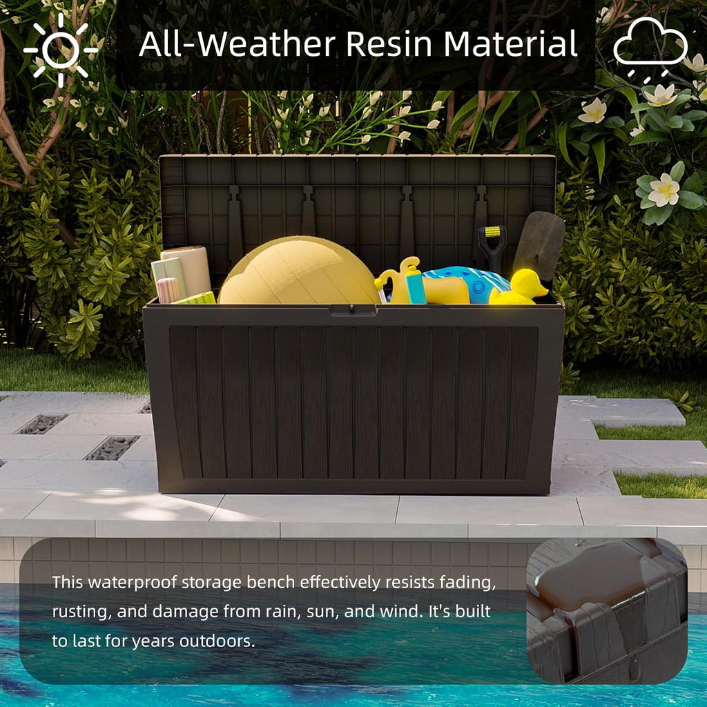 71 Gallon Resin Deck Box，Outdoor Storage Box, Waterproof Lockable Large Storage Bench for Patio Furniture, Pool Accessories & Garden Tools, Brown