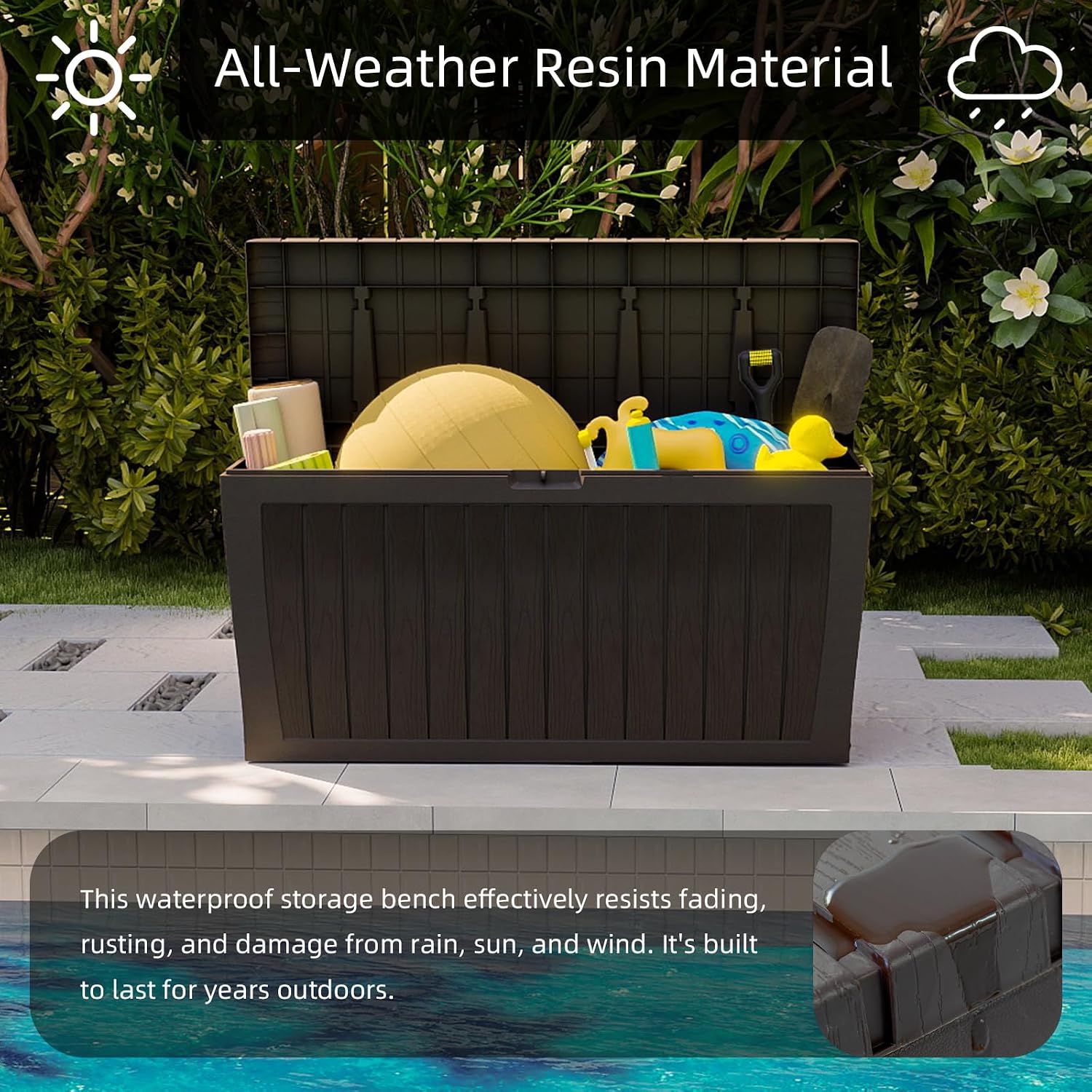71 Gallon Resin Deck Box，Outdoor Storage Box, Waterproof Lockable Large Storage Bench for Patio Furniture, Pool Accessories & Garden Tools, Brown