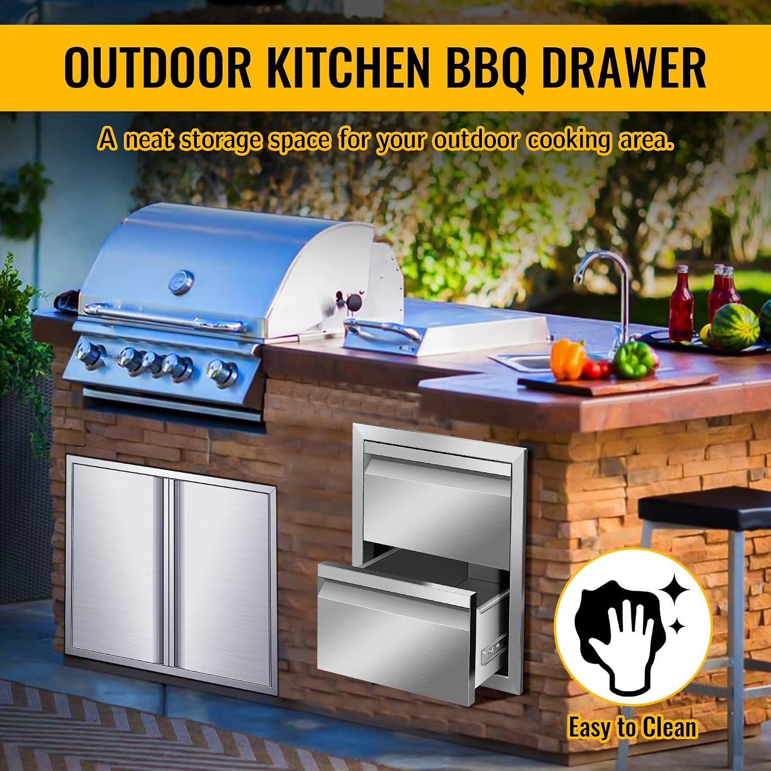 Outdoor Kitchen Drawers, 14W x 15H x 23D Stainless Steel Flush Mount BBQ Double Drawers for Outdoor Kitchen Island, or Patio Grill Station