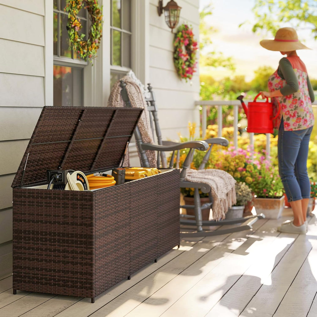 Outsunny 175 Gallon Outdoor Storage Box with Inner Liner, PE Rattan Wicker Deck Box with Pneumatic Bar Lift for Indoor & Outdoor, Patio Furniture Cushions, Pool Supplies, Garden Tools, Mixed Brown