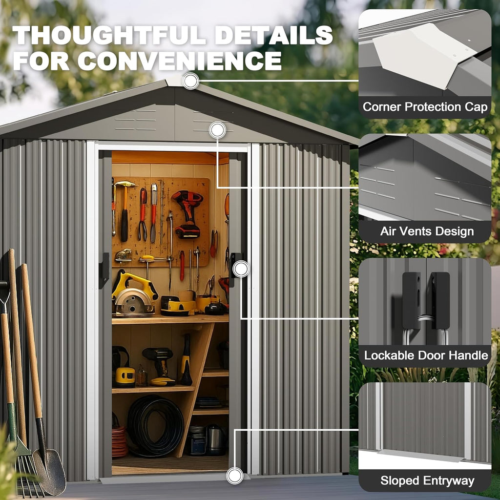 Nuu Garden 6 x 4 FT Outdoor Storage Shed with Sliding Doors, Galvanized Metal Garden Storage Shed with Sloping Roof, Rust-Resistant Backyard Tool Shed with Air Vents for Patio, Lawn, Gray