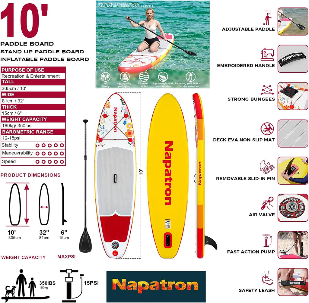 Napatron Family Inflatable Stand Up Paddle Board, Sup,Stable Wide Design,350LBS Capacity,Complete Paddle Board Package with Fast Action Pump,Leash,Ideal for Beginners/Youth & AllSkill Levels