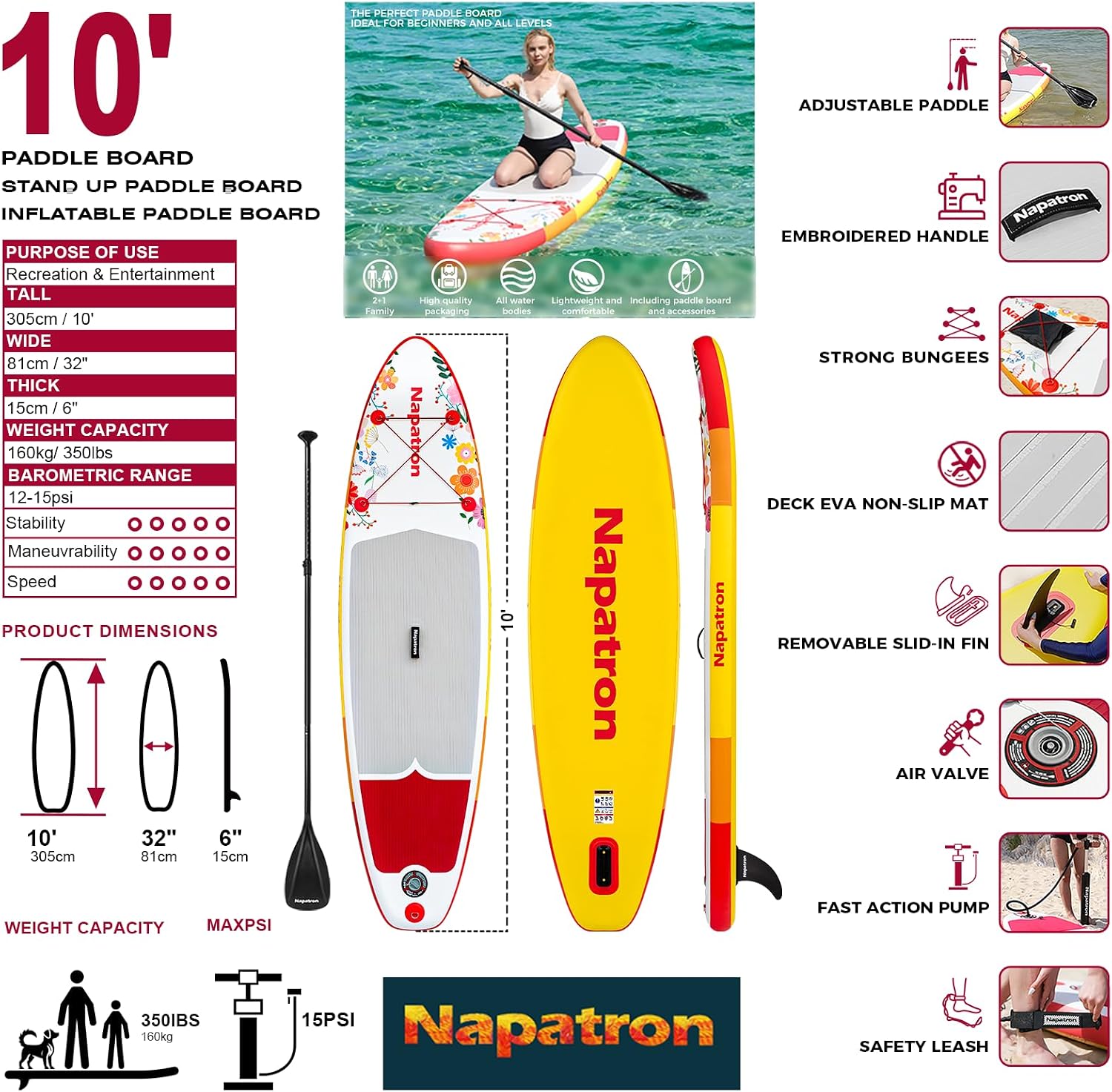 Napatron Family Inflatable Stand Up Paddle Board, Sup,Stable Wide Design,350LBS Capacity,Complete Paddle Board Package with Fast Action Pump,Leash,Ideal for Beginners/Youth & AllSkill Levels