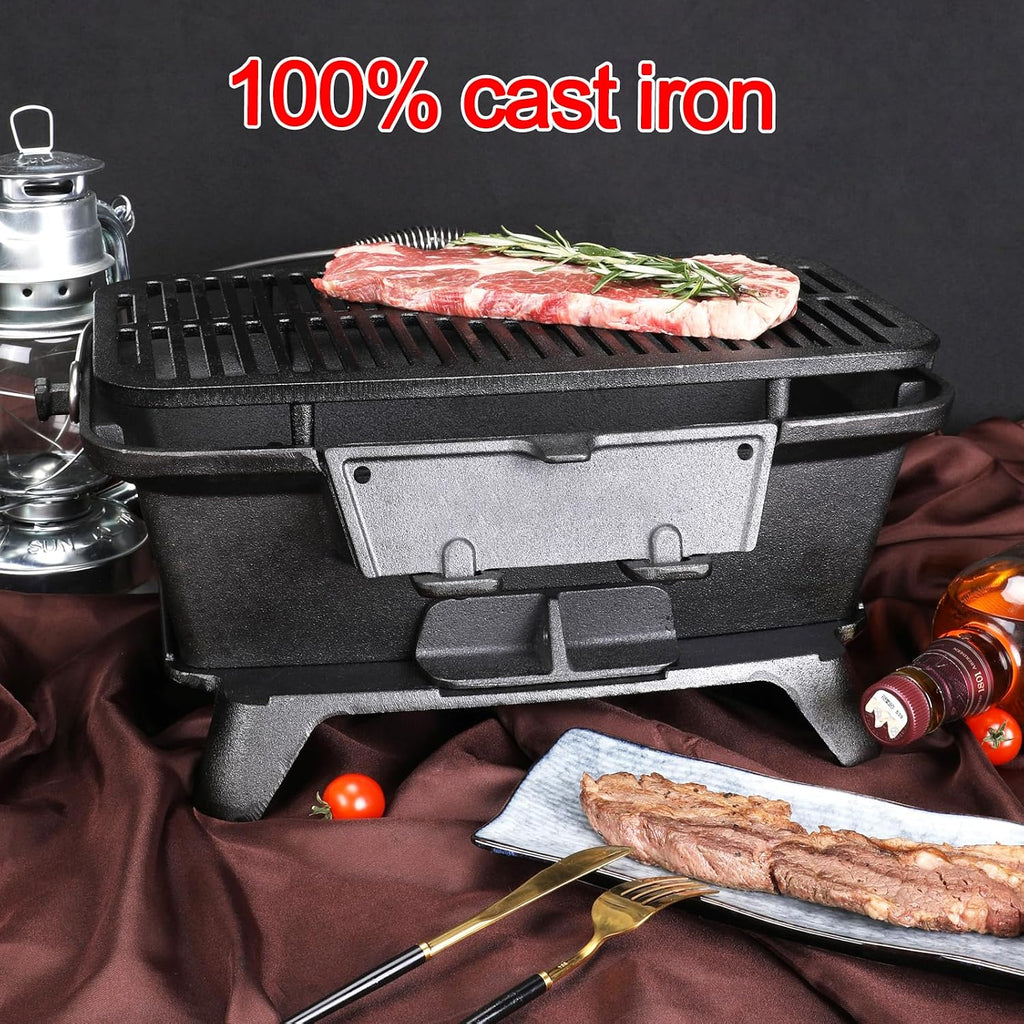 IRONMAX Large Hibachi Grill Outdoor, Portable Charcoal Grill and Tabletop Cast Iron Skillet, 100% Cast Iron, Durable, Camping Grill Grate 16.5' x 10.2' - Coal Door, Draft door