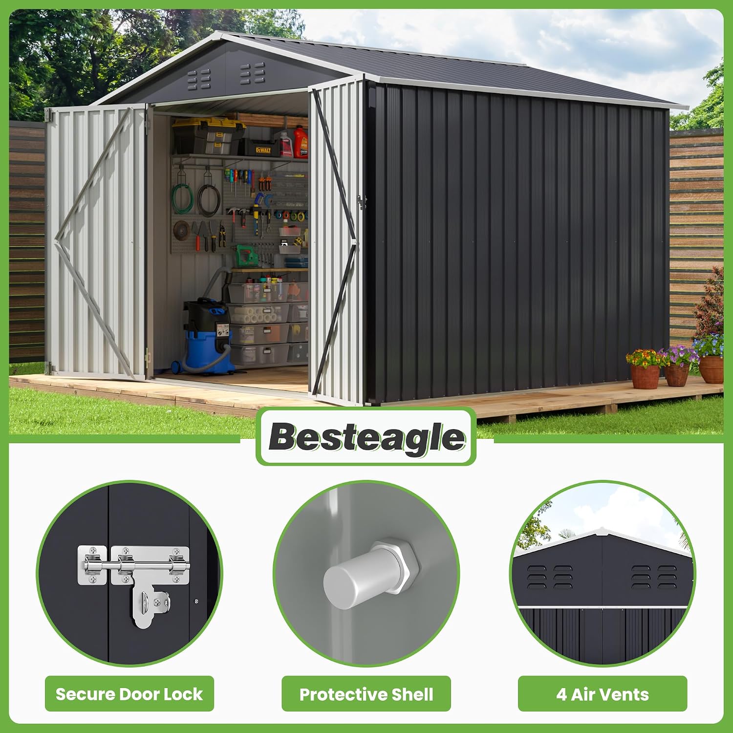 8x8 FT Outdoor Storage Shed, Utility Metal Tool Storage with Lockable Doors and Updated Frame Structure, Large Metal Garden Shed for Backyard, Patio Lawn, Black