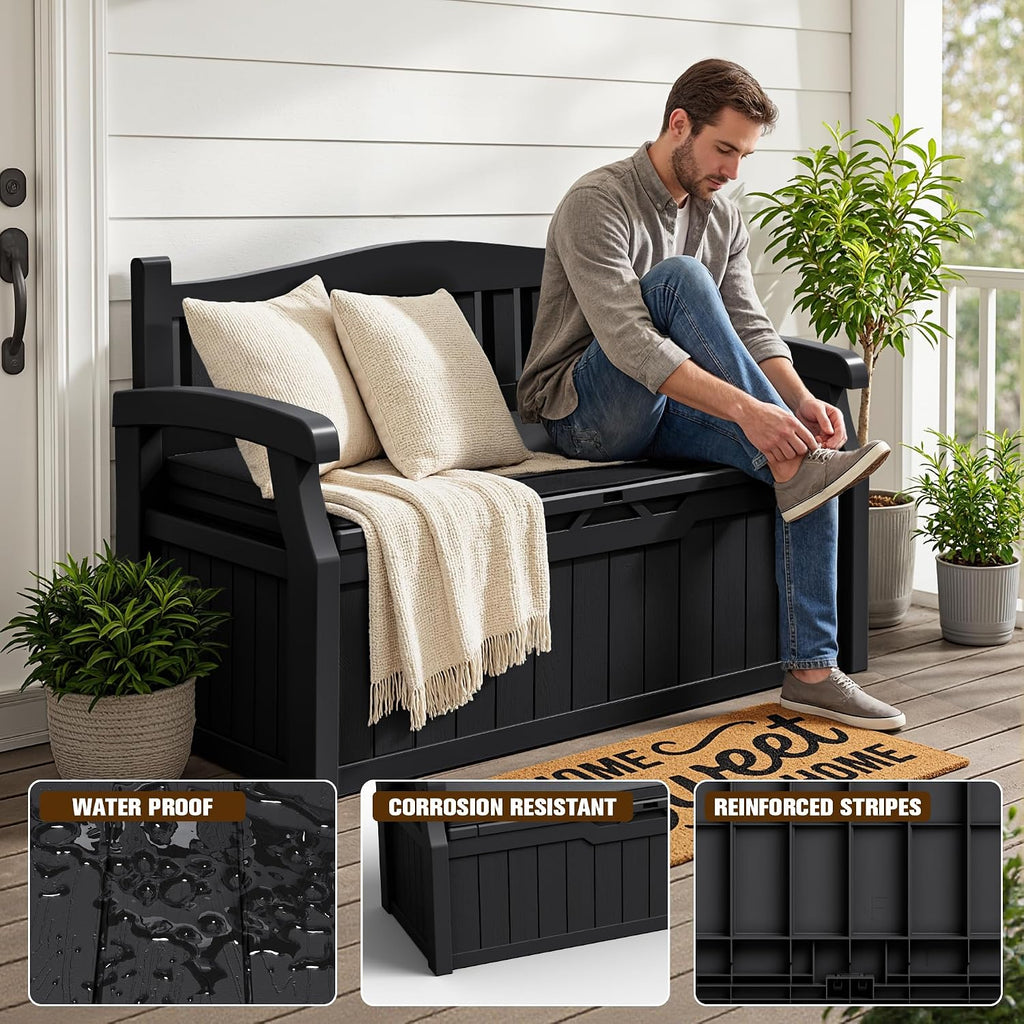 JUMMICO 80 Gallon Resin Outdoor Storage Bench with Cushion, Large Deck Box with Armrest, Lockable&Waterproof for Garden, Home, Patio, Pools (Black, 80 Gallon)