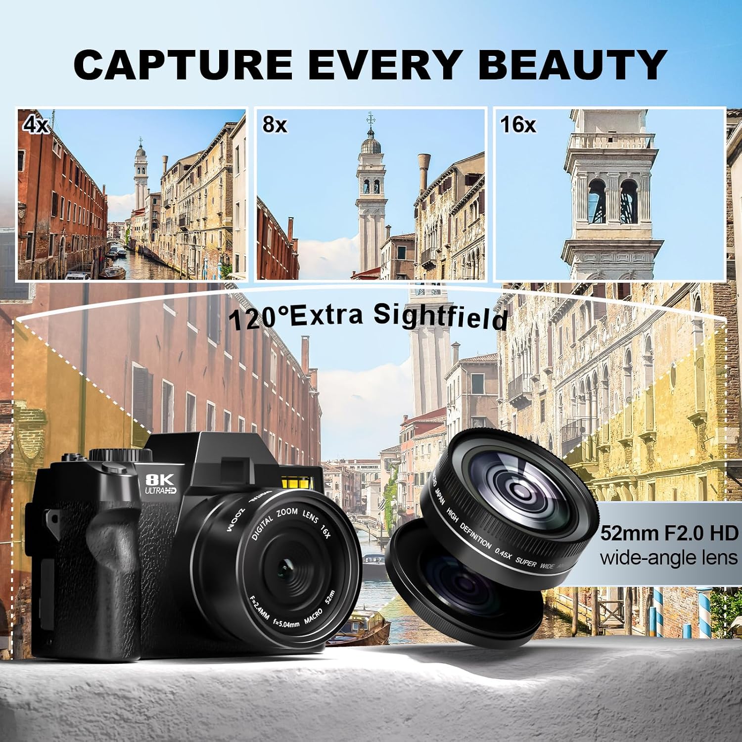 8K Digital Cameras for Photography, 64MP vlogging Camera with 180°Flip Screen，2 Batteries, 64GB TF Card，16X Zoom, WiFi,Microphone, Wide & Macro Lens Kit (Black)