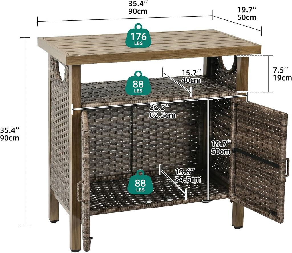 YITAHOME Outdoor Storage Cabinet, Patio Bar Table with Two Doors and Shelves, Weatherproof Wicker Storage Console Table for Outdoor Cushions, Pool Tool and Garden Potting - Brown