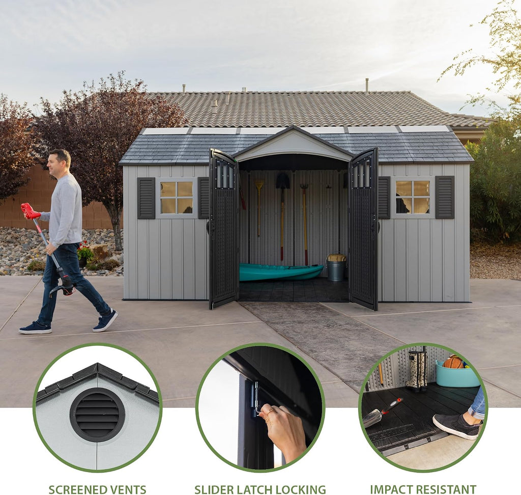 Lifetime Outdoor Storage Shed, 15x8 Ft, Gray, Resin Backyard Tool Shed with Lockable Doors and Weather-Resistant Panels