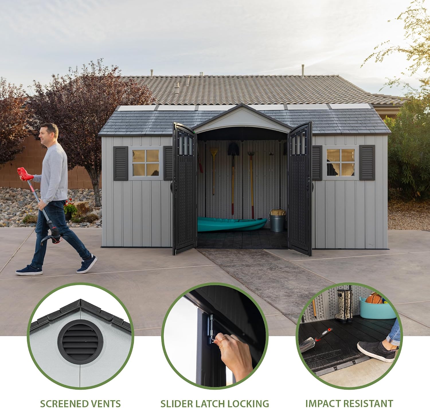 Lifetime Outdoor Storage Shed, 15x8 Ft, Gray, Resin Backyard Tool Shed with Lockable Doors and Weather-Resistant Panels