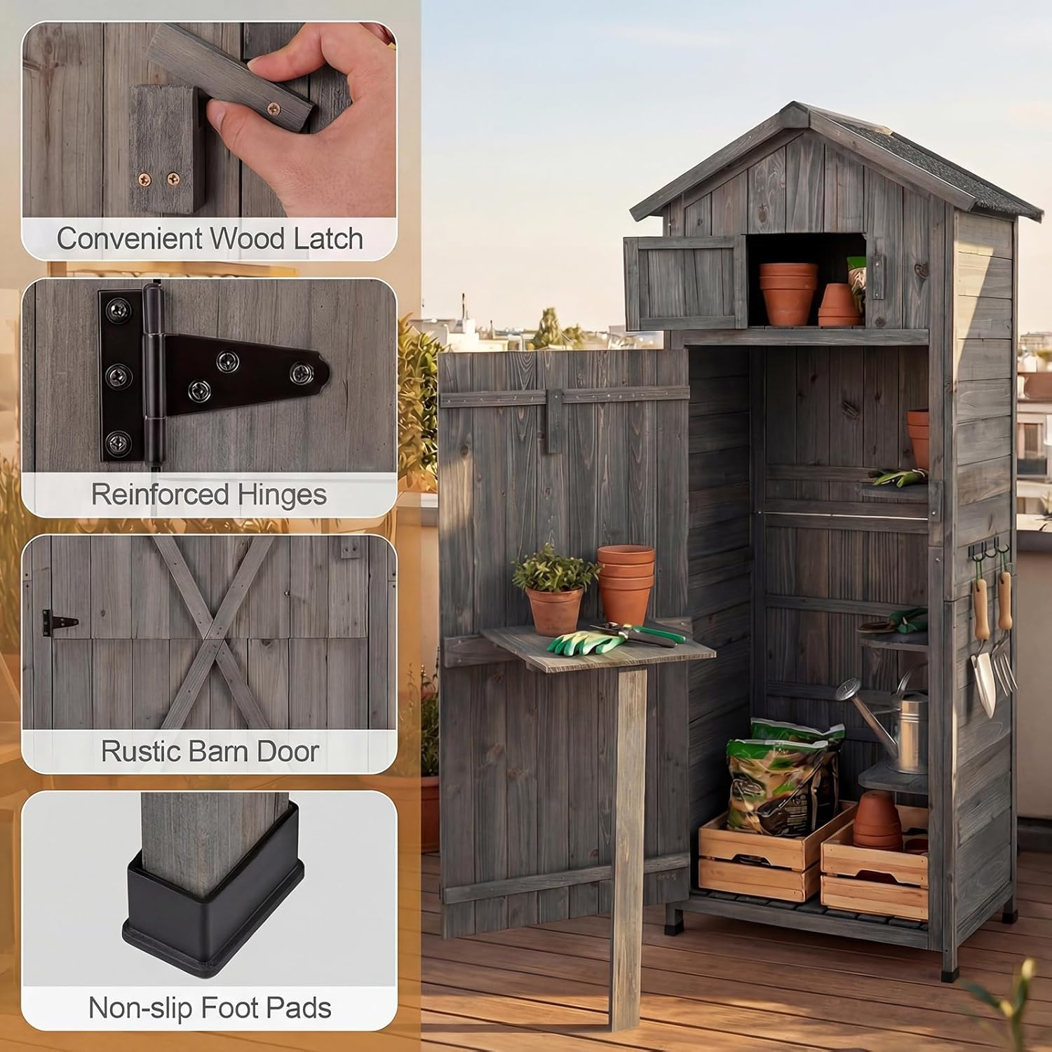 Goplus All-in-One Storage Shed, 70' Tall Wooden Lockable Cabinet w/Foldable Work Table, Vertical Utility Tool Organizer w/Shelves & Hooks, Waterproof Garden Shed for Patio Backyard (Gray)