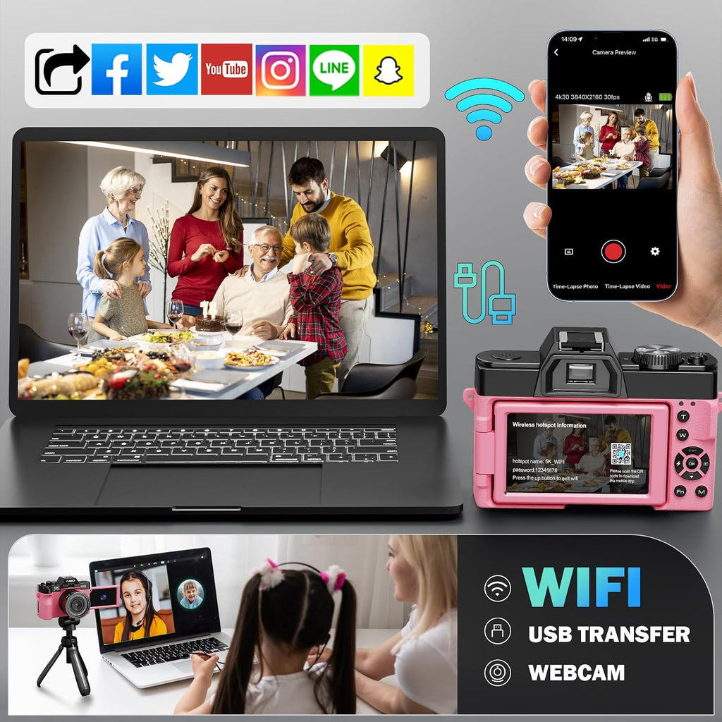 True 5K Digital Cameras for Photography 64MP - 16X Zoom, WiFi, with 64GB TF Card, Wide-Angle & Macro Lens, Autofocus & Anti-Shake, Vlogging Camera for YouTube Travel (Pink)
