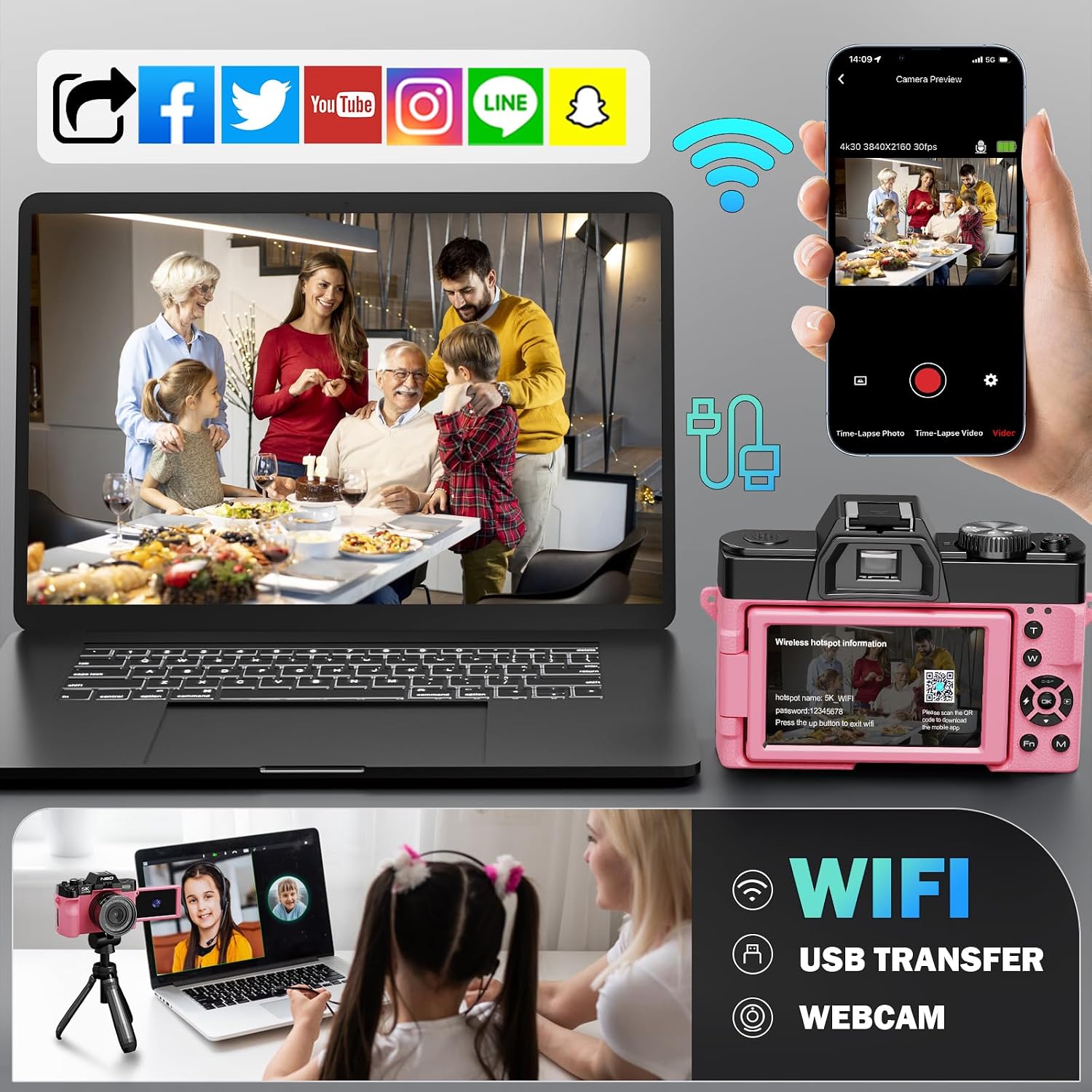 True 5K Digital Cameras for Photography 64MP - 16X Zoom, WiFi, with 64GB TF Card, Wide-Angle & Macro Lens, Autofocus & Anti-Shake, Vlogging Camera for YouTube Travel (Pink)