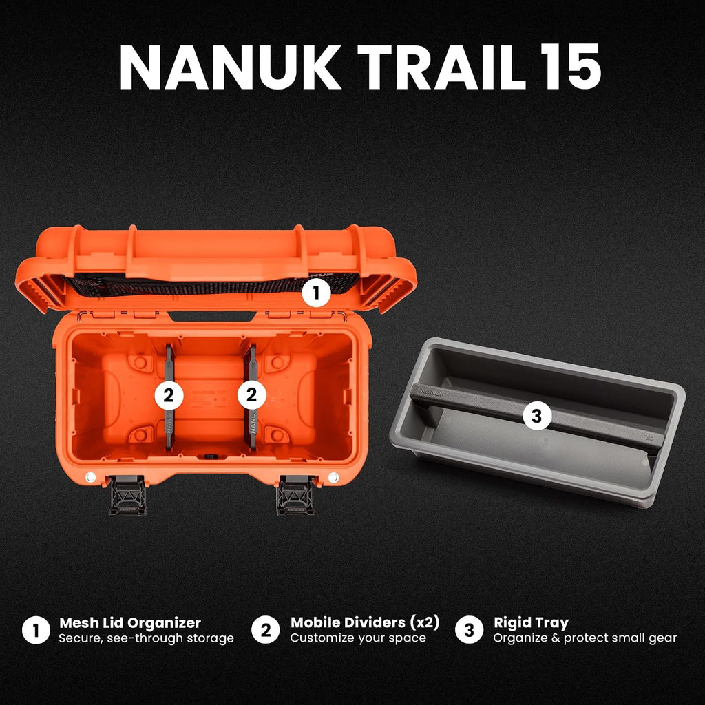 NANUK Trail 15 – 15.9L (4.2-Gallon) Waterproof Storage Box – Cargo Case with Modular Dividers for Camping, Fishing & Outdoor Storage - Dustproof and Impact Resistant (12.9' x 9.7' x 10.3') – Orange