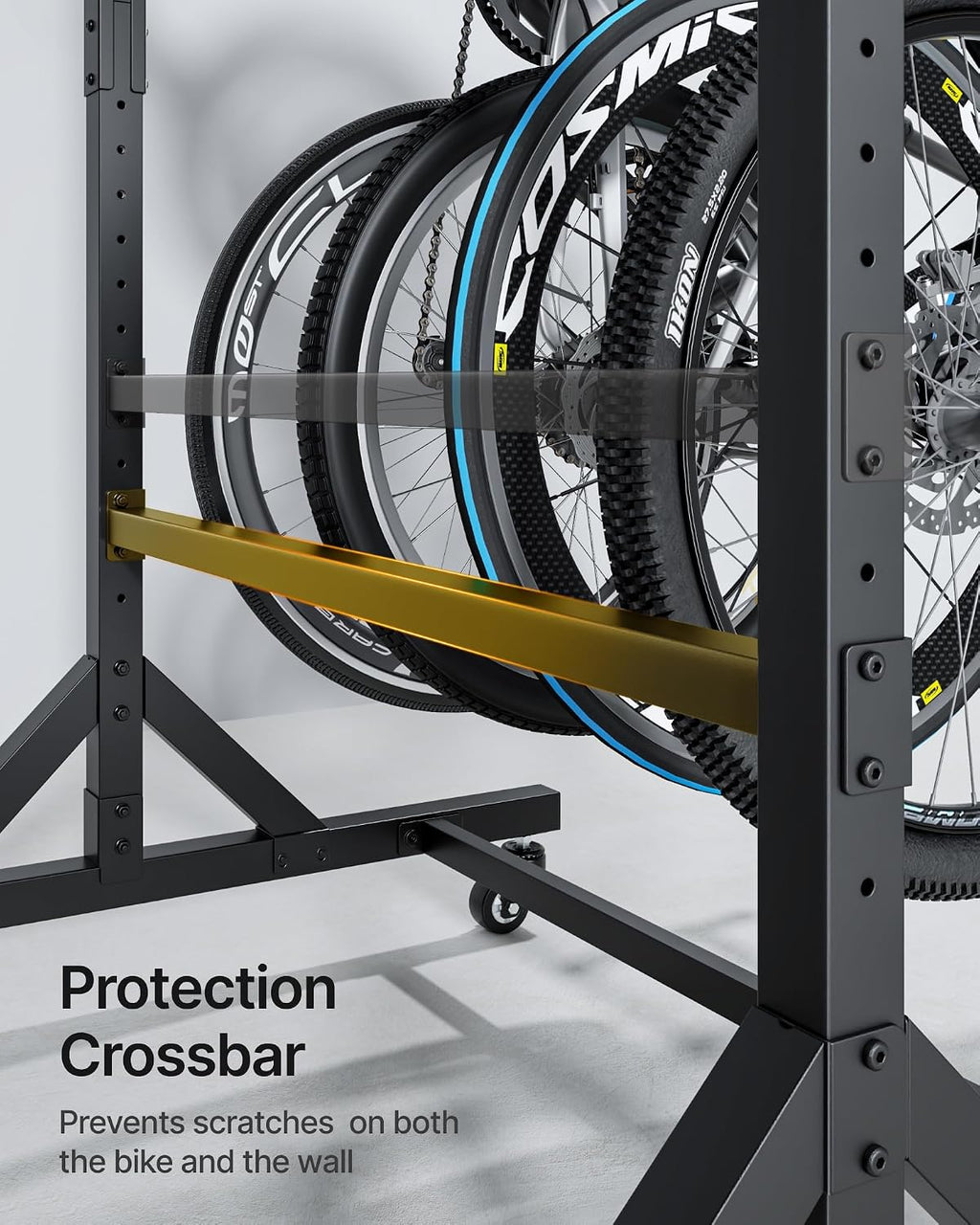monTEK Freestanding Bike Storage Rack for 10 Bikes, Heavy Duty 617LBS Vertical Bike Stand with 10 Bike Hooks & 6 Helmet Hooks, Indoor and Outdoor Bike Storage Rack with Locking Casters