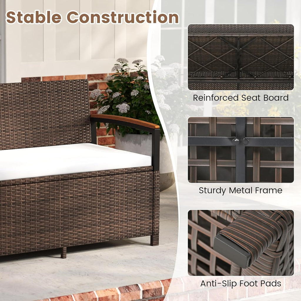 Tangkula 46 Gallon Outdoor Bench with Storage, Outdoor PE Rattan Storage Bench with Cushion, Backrest & Acacia Wood Armrests, Metal Frame, Waterproof Deck Box Seat for Porch Backyard Poolside