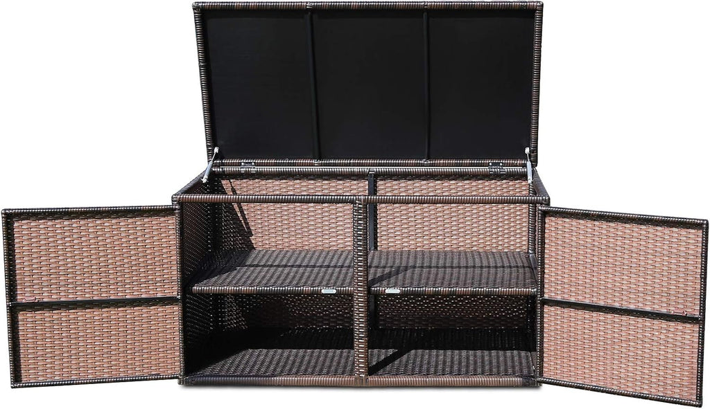 Tangkula 73 Gallon Outdoor Wicker Storage Box, Garden Deck Bin with Steel Frame, Rattan Storage Box with Lid, Ideal for Storing Tools, Accessories