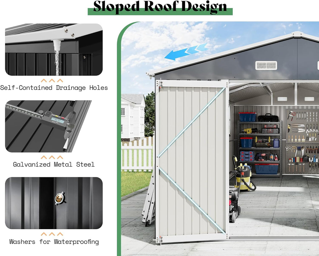AMERLIFE 10x16x7 FT Outdoor Storage Shed with 2 Transparent Panels, Metal Garden Shed with Hinged Double Doors, 4 Windows & 4 Vents, Reinforced Steel Frame for Backyard, Garden, Dark Gray