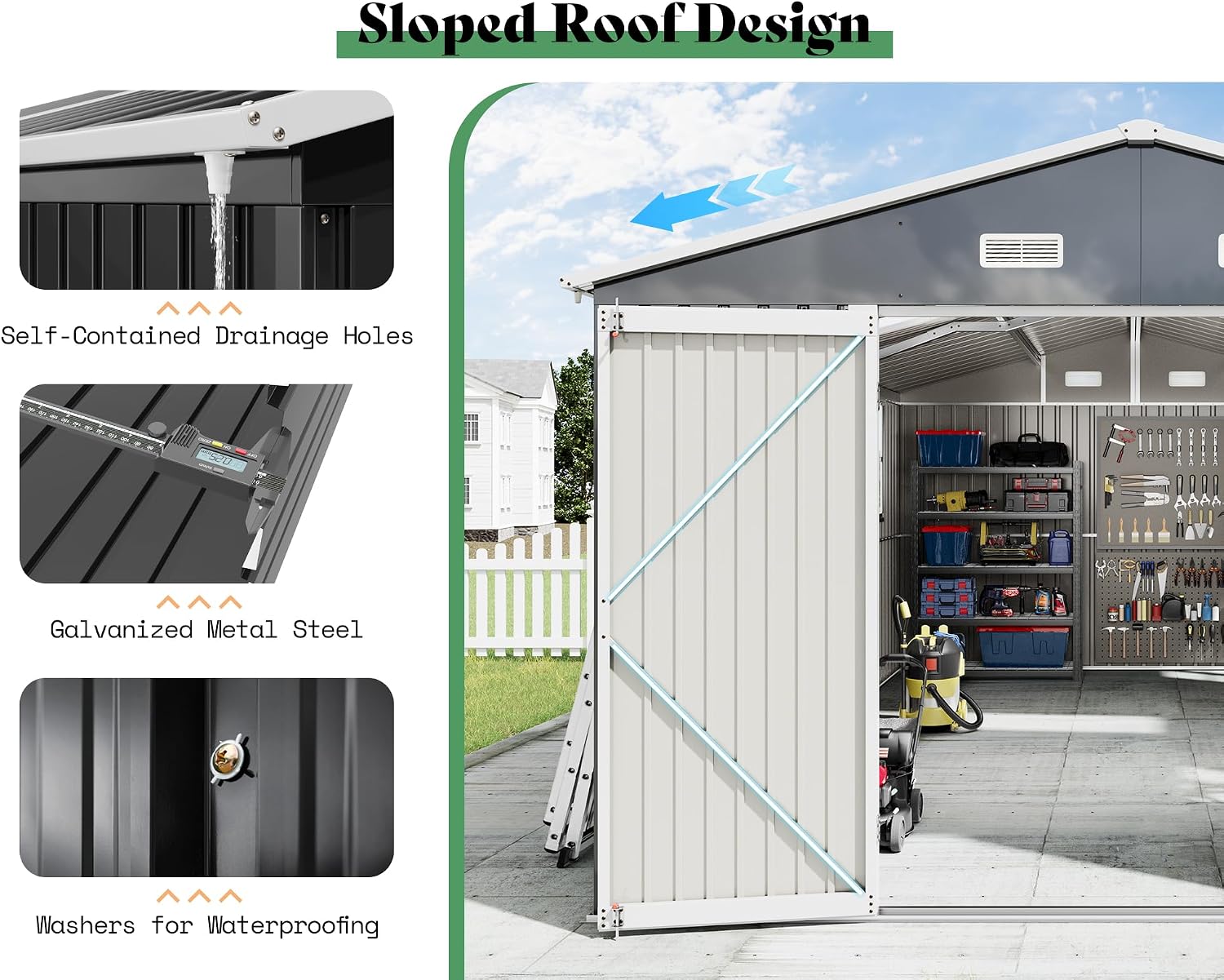 AMERLIFE 10x16x7 FT Outdoor Storage Shed with 2 Transparent Panels, Metal Garden Shed with Hinged Double Doors, 4 Windows & 4 Vents, Reinforced Steel Frame for Backyard, Garden, Dark Gray