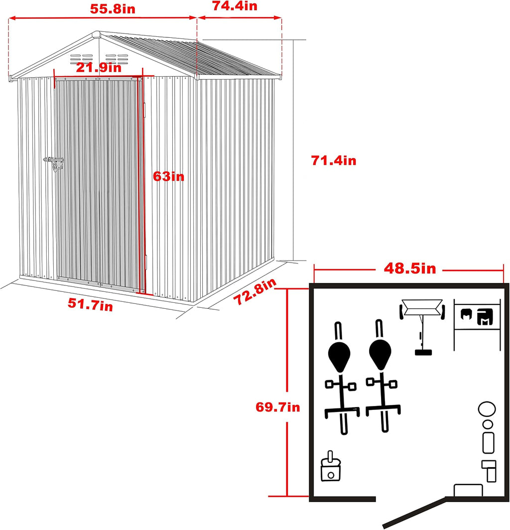 MUPATER 4 x 6 FT Outdoor Storage Shed, Galvanized Metal Garden Tool Shed, Patio Furniture Storage House with Slooping Roof, Lockable Door and Vents for Backyard and Garden, Grey