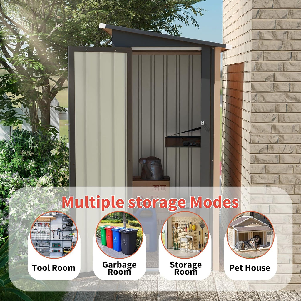 YOPTO 4.27x2.42 FT Outdoor Storage Shed, Metal Garden Tool Shed with Sloped Roof & Hinge Door for Backyard,Patio Lawn,Black+Brown