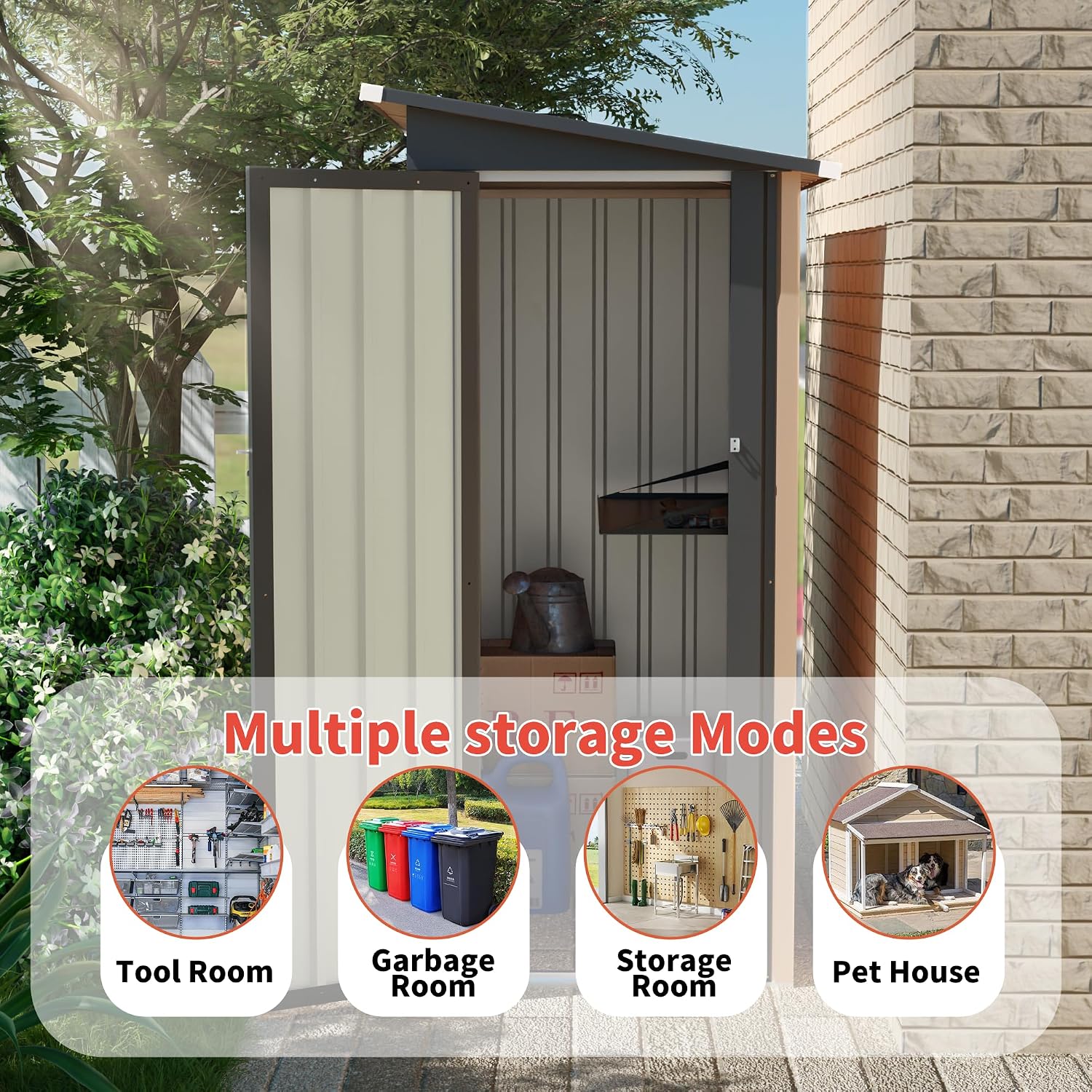 YOPTO 4.27x2.42 FT Outdoor Storage Shed, Metal Garden Tool Shed with Sloped Roof & Hinge Door for Backyard,Patio Lawn,Black+Brown