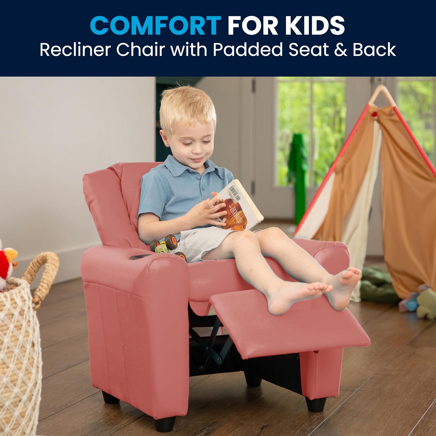 Flash Furniture Vana Vinyl Kids Recliner with Cup Holder, Headrest, and Safety Recline, Contemporary Reclining Chair for Kids, Supports up to 90 lbs., Pink