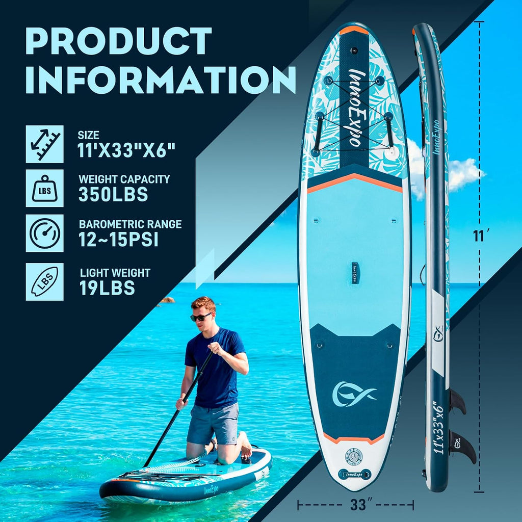 InnoExpo 11' Inflatable Stand Up Paddle Boards with Premium Accessories, Wide Stable SUP Paddle Board Design, Non-Slip Comfort Deck for Youth & Adults