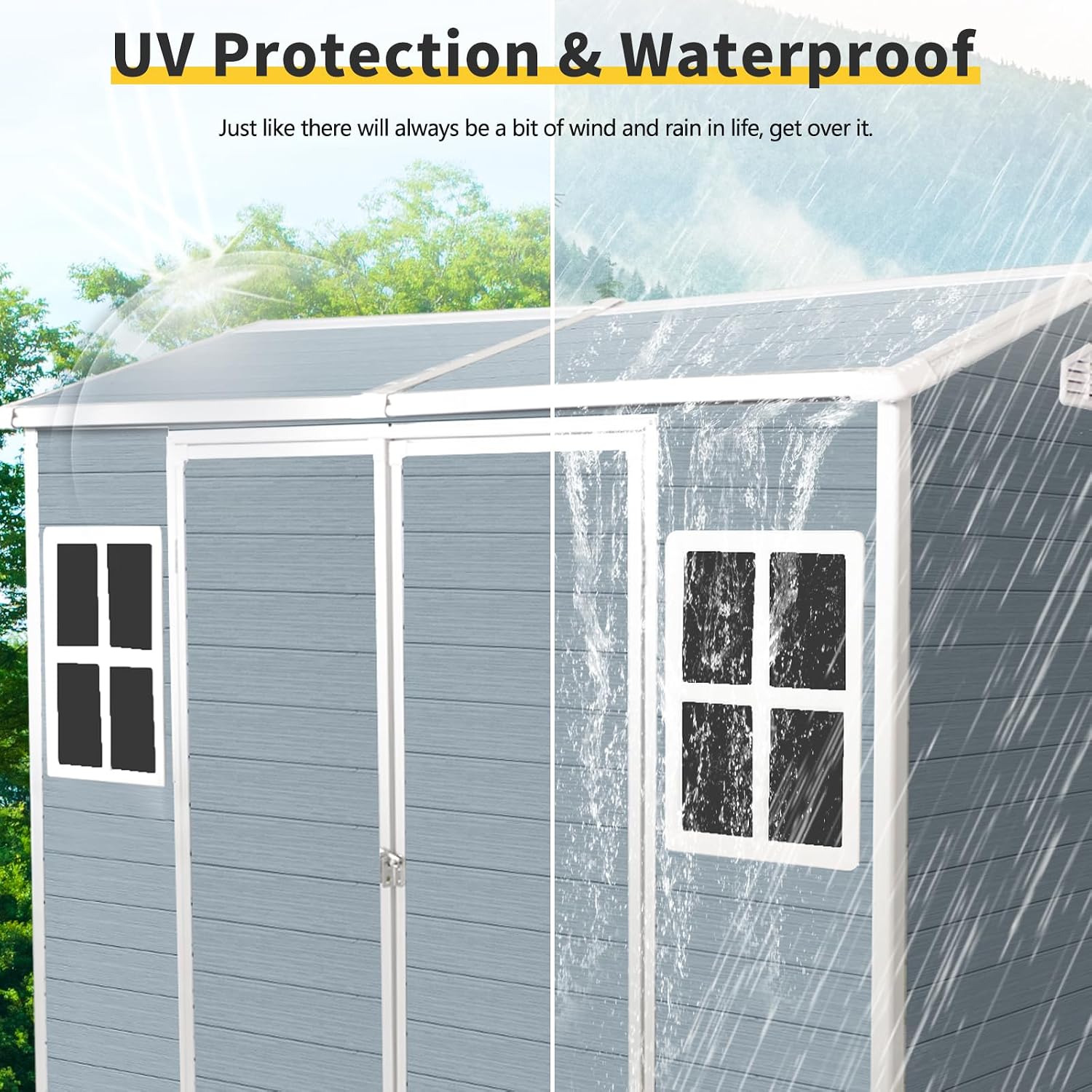 YOPTO 8x4 FT Outdoor Storage Shed,Garden Shed with Floor & 2 Windows,All Weather Waterproof Tool House W/Air Vent,Sloped Roof & Lockable Double Door,for Patio,Yard,Lawn,Grey
