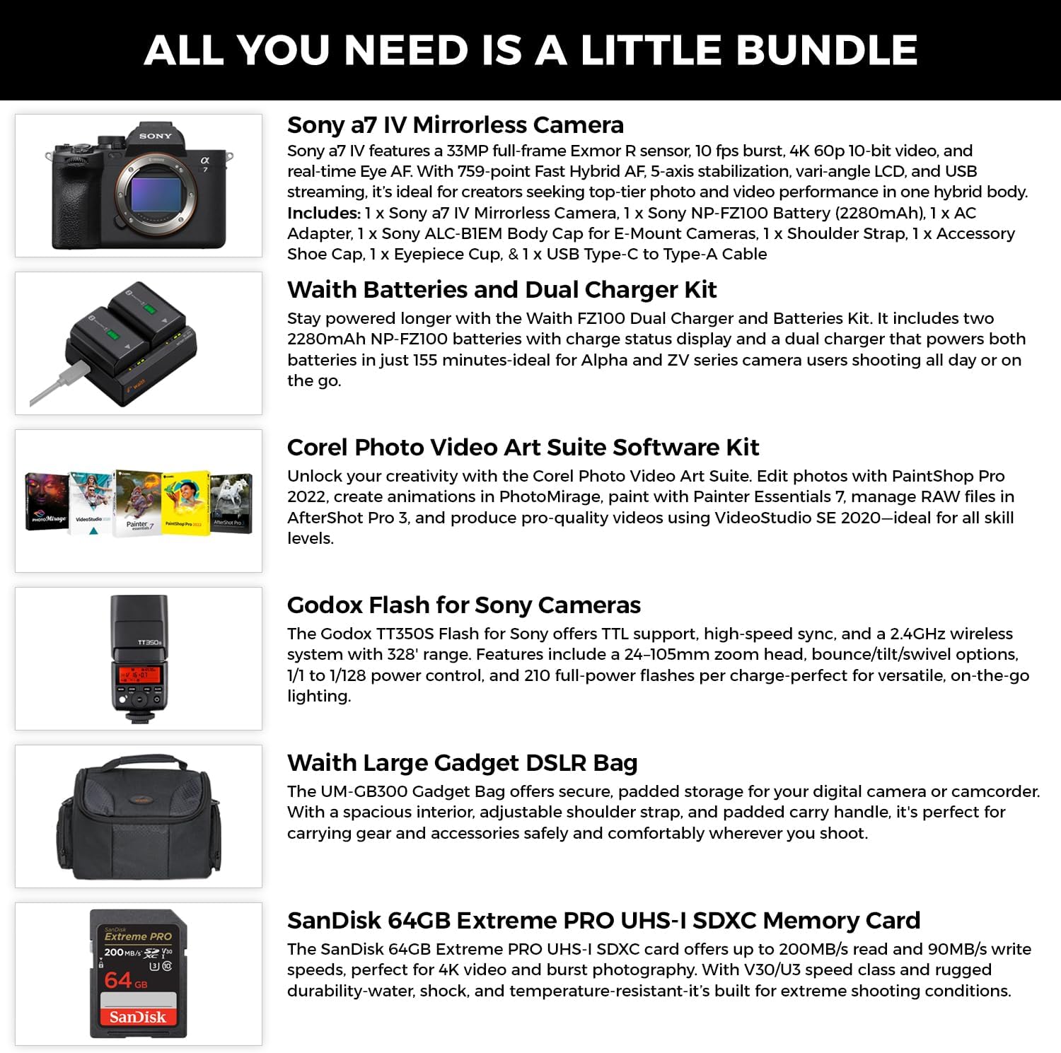 Sony a7 IV Full-Frame Mirrorless Camera - Fast Hybrid Digital Camera w/Batteries & Dual Charger Kit, Corel Software Kit, Godox Flash, 64GB SDXC Memory Card & Large DSLR Bag - Essential Bundle