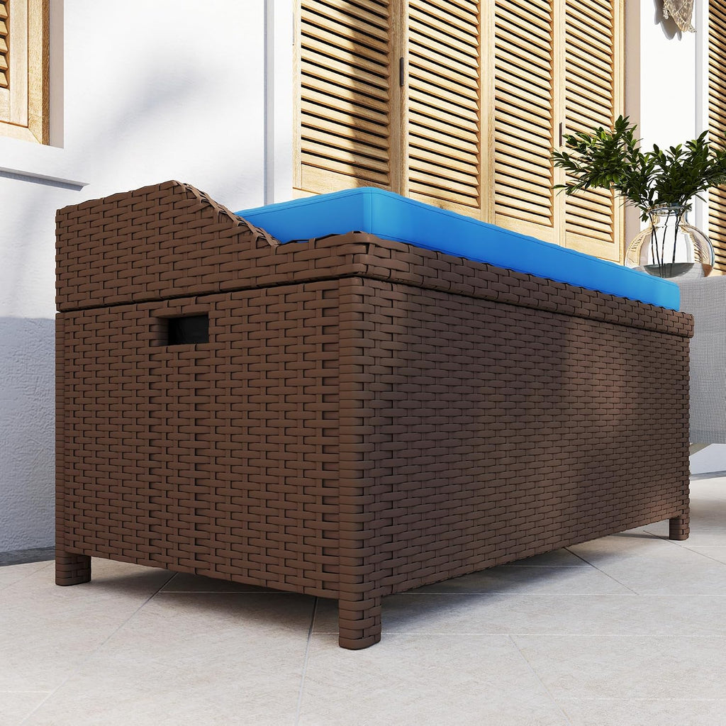 Outsunny Outdoor Wicker Storage Bench Deck Box, PE Rattan Patio Furniture Pool Storage Bin Container with Interior Waterproof Cloth Bag and Comfortable Cushion, Navy Blue