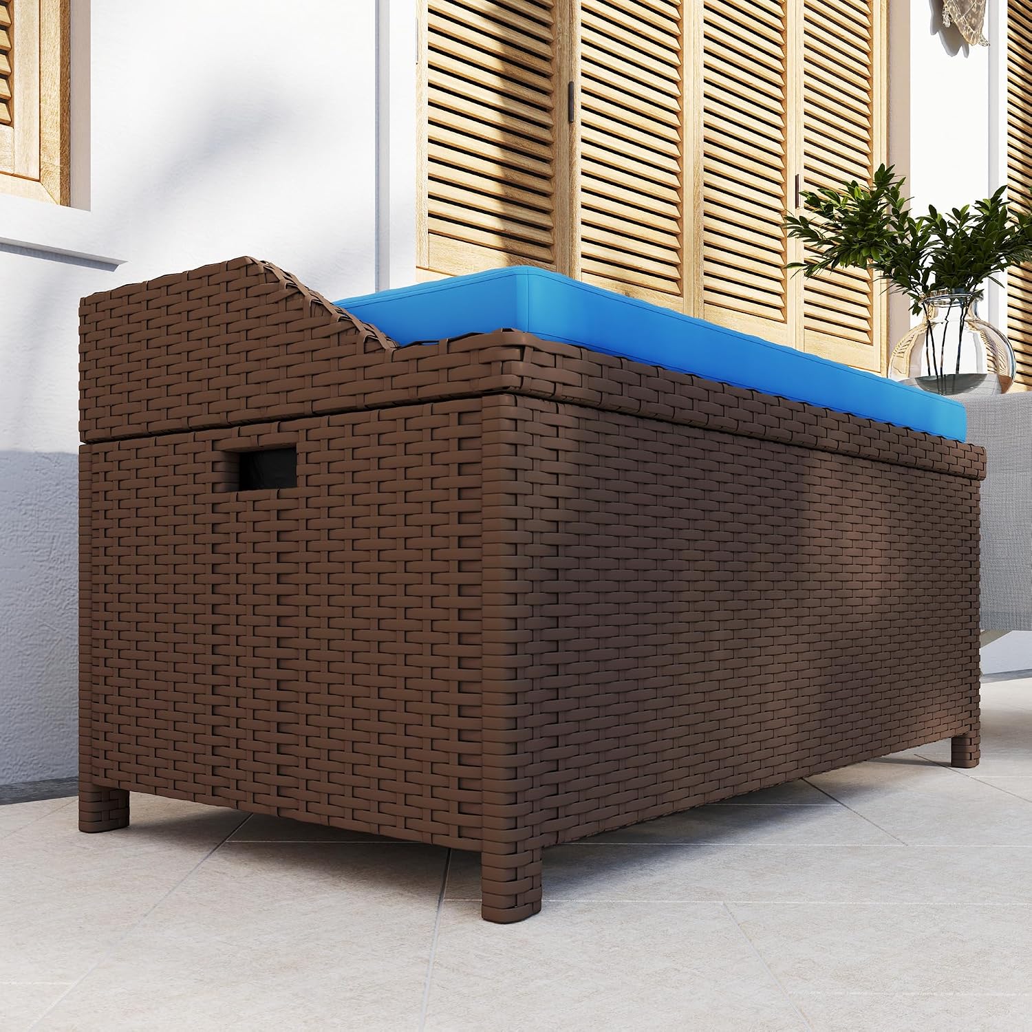 Outsunny Outdoor Wicker Storage Bench Deck Box, PE Rattan Patio Furniture Pool Storage Bin Container with Interior Waterproof Cloth Bag and Comfortable Cushion, Navy Blue