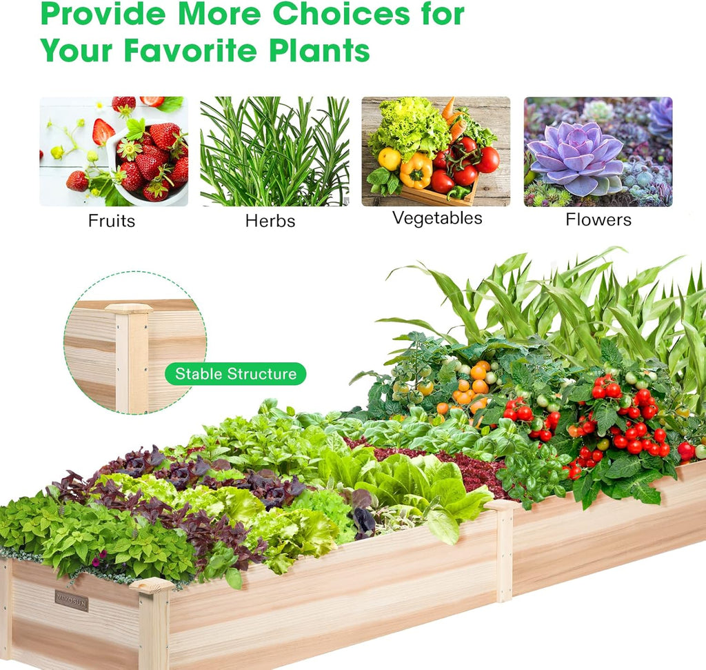VIVOSUN 8×2Ft Wooden Raised Garden Bed, 97 x 25 x 11 Inches, Outdoor Wood Planter Box with Gloves and a Liner for Garden, Patio, Balcony, Backyard and Outdoors (Pack of 2)